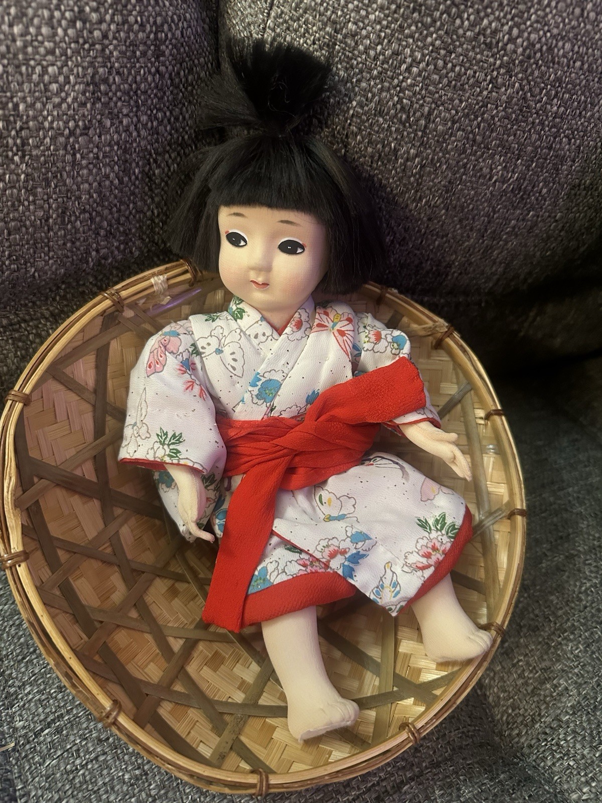 Vtg Japanese Ichimatsu Doll Kimono Butterfly Floral w/ Woven Bamboo Hat Vtg Japanese Ichimatsu Doll Kimono Butterfly Floral w/ Woven Bamboo Hat