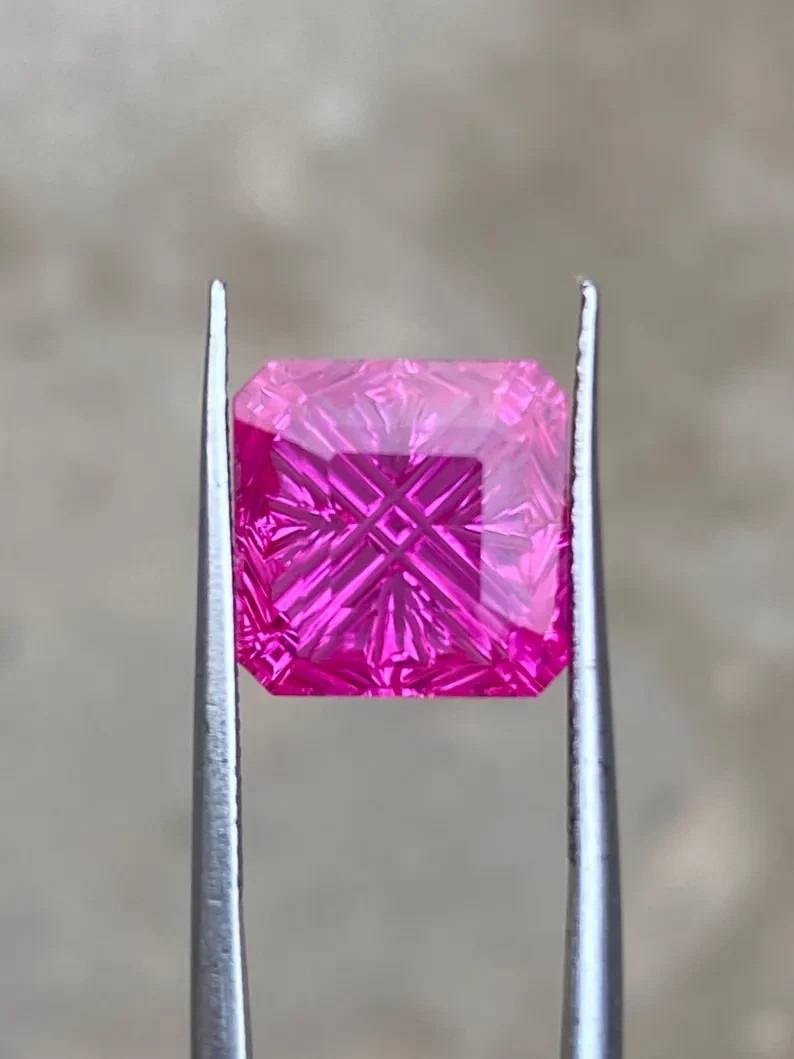 Hot Pink 7 Carat Lab Grown Hot Pink Sapphire | 10x10mm Cross Cut Gemstone .