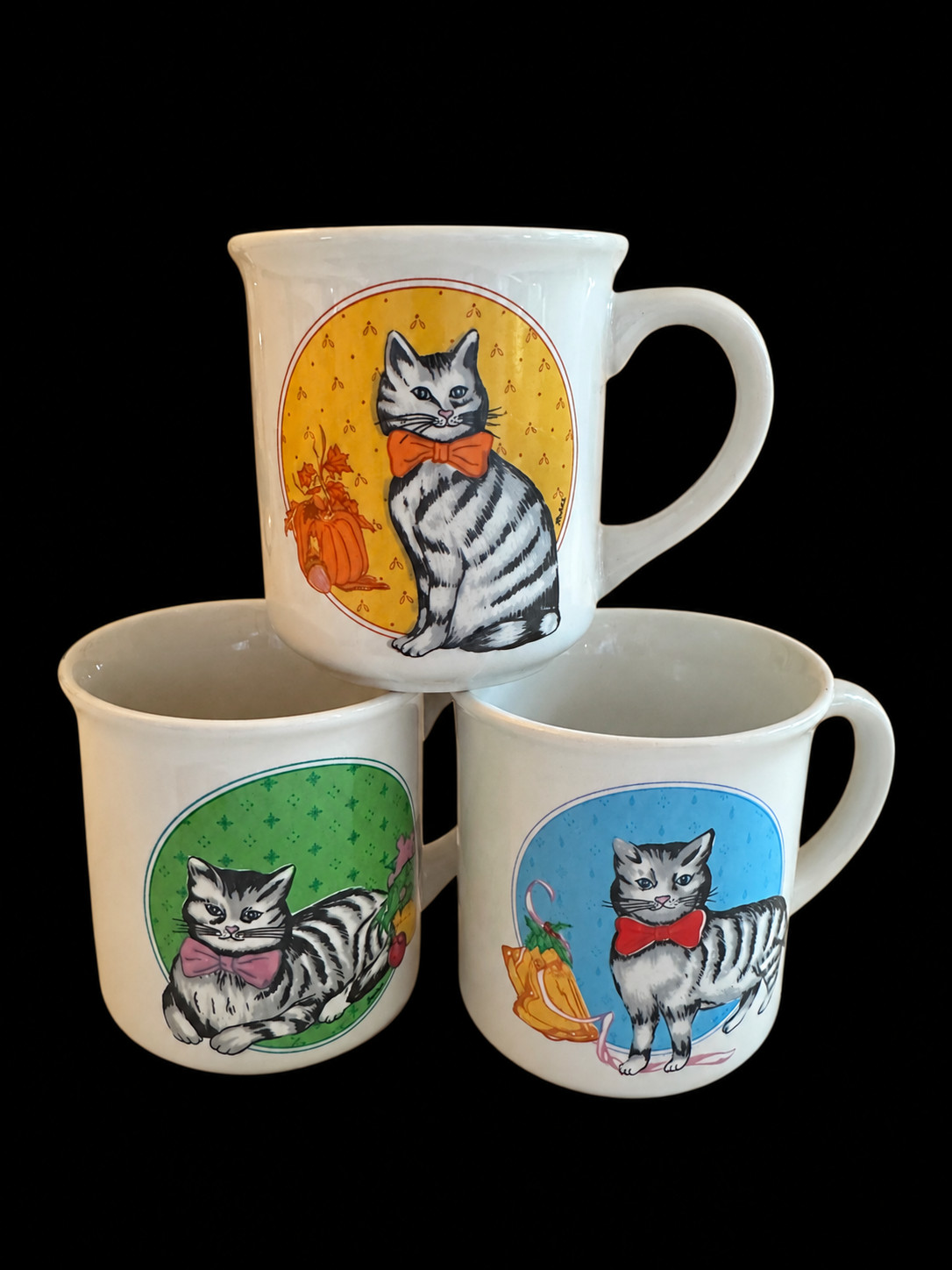 Vintage 1985 Chadwick Miller Cat Mugs Set of 3 Seasonal Colorful Bow Tie Kittens Vintage 1985 Chadwick Miller Cat Mugs Set of 3 Seasonal Colorful Bow Tie Kittens