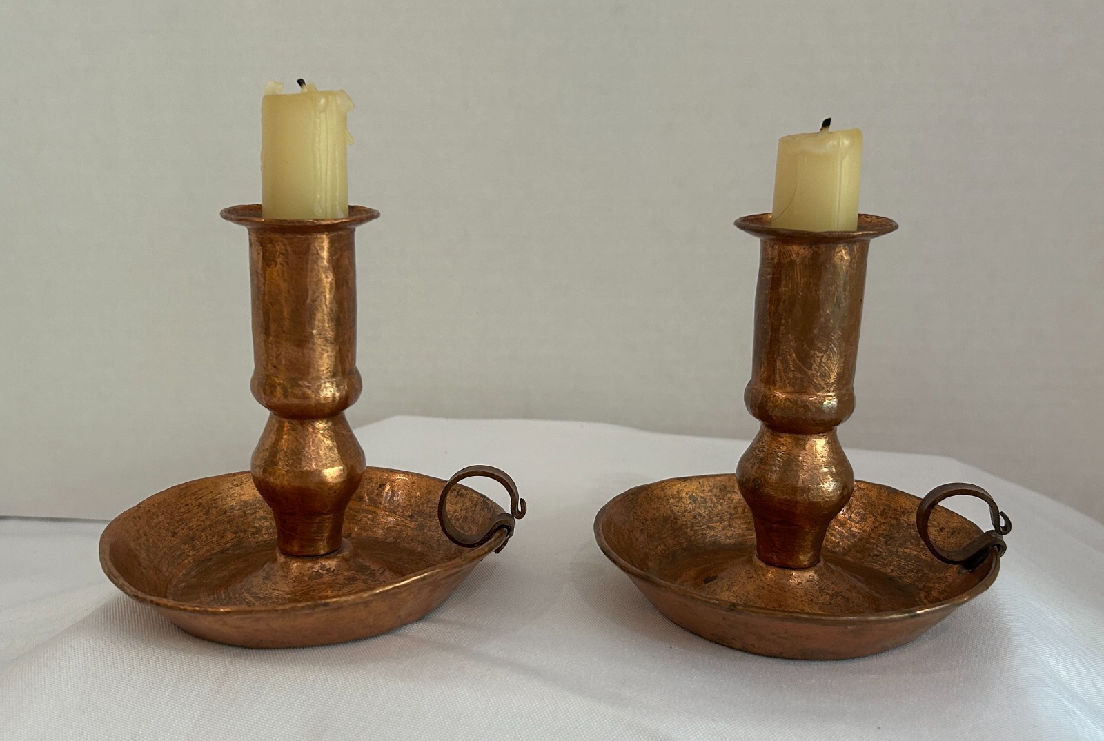 Antique Hand Hammered Solid Copper Chamberstick Candle Holders Pair Finger Loop Antique Hand Hammered Solid Copper Chamberstick Candle Holders Pair Finger Loop