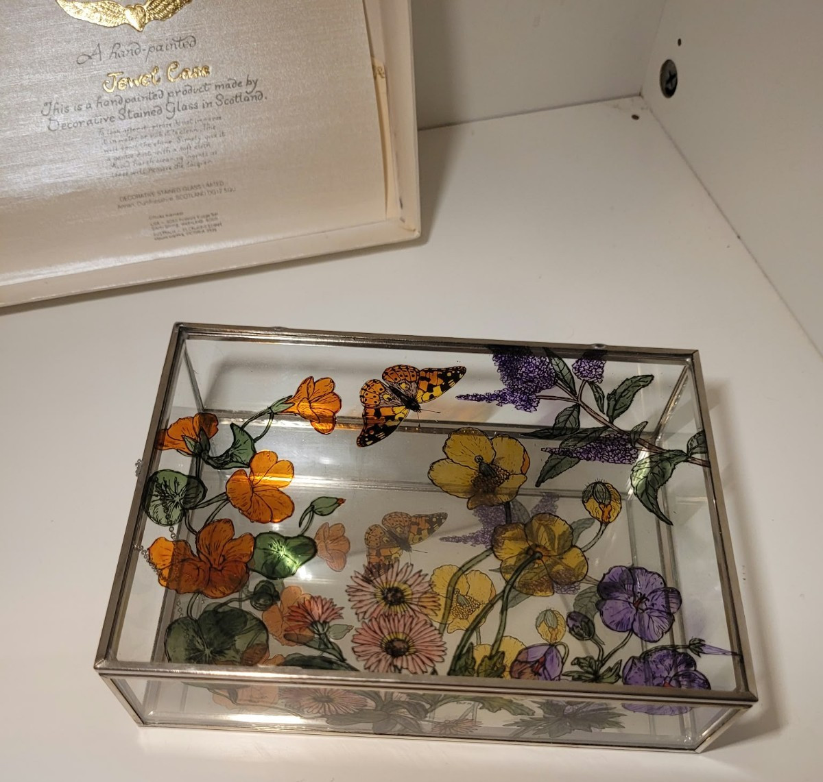 Beautiful Vintage hand painted stained glass jewellery case see spec for details Beautiful Vintage hand painted stained glass jewellery case see spec for details