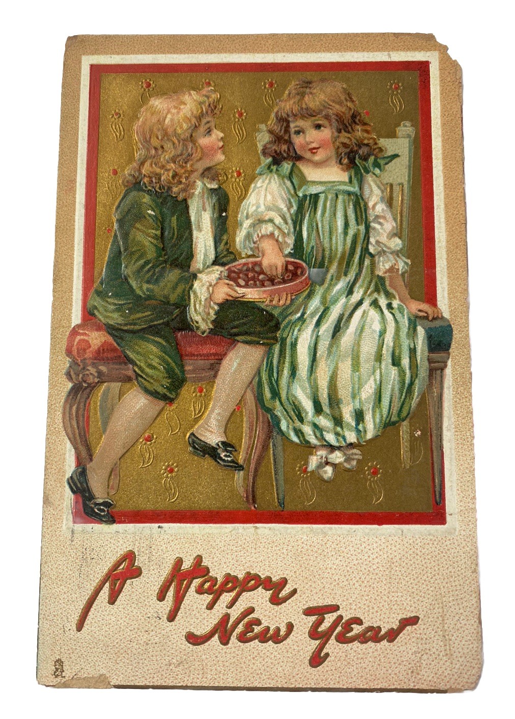 Vintage 1910s Holiday Postcard ~ A Happy New Year, Victorian Children, Tuck\'s