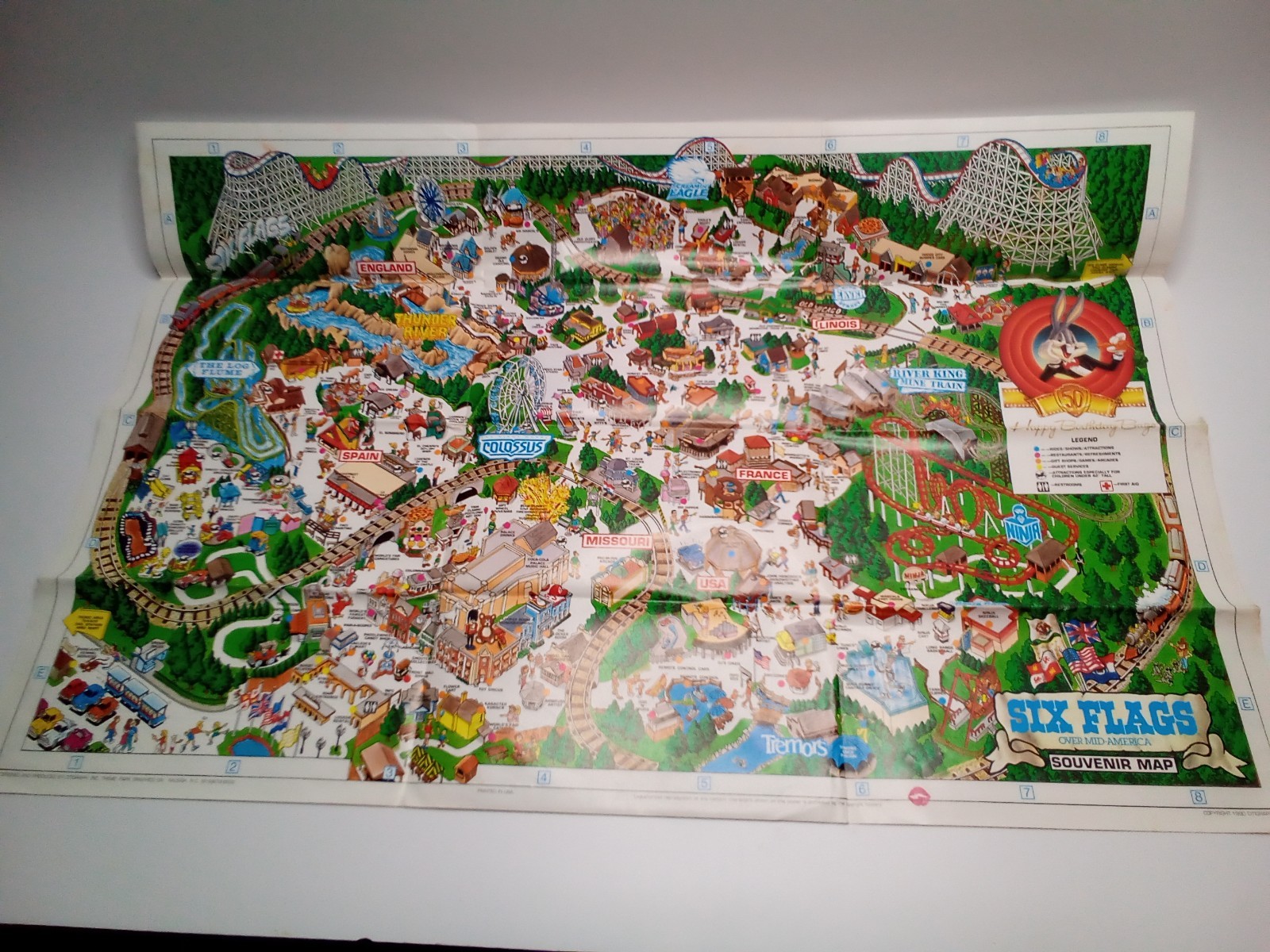 Vintage 1990 SIX FLAGS Over Mid-America Theme Park Souvenir Map Bugs Bunny 50th Vintage 1990 SIX FLAGS Over Mid-America Theme Park Souvenir Map Bugs Bunny 50th