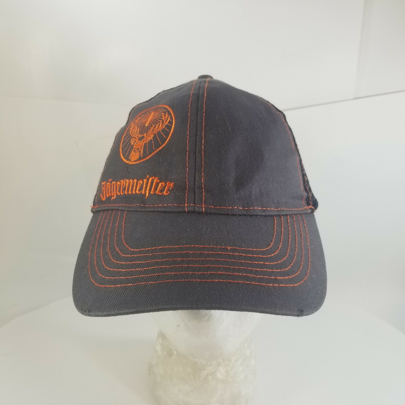 Jagermeister Black Trucker Mesh Back Hat Orange Logo Adjustable Snapback Jagermeister Black Trucker Mesh Back Hat Orange Logo Adjustable Snapback