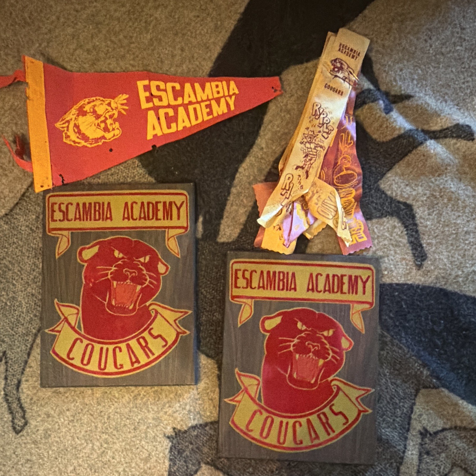 Vintage rare high Escambia Academy Cougars Pennant Wood Plaque sign Ribbons Lot Vintage rare high Escambia Academy Cougars Pennant Wood Plaque sign Ribbons Lot
