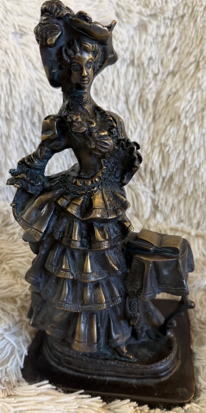 Bronze Statue Victorian Lady With Book Ruffled Dress & Hat Vintage 11x5.5x4.5” Bronze Statue Victorian Lady With Book Ruffled Dress & Hat Vintage 11x5.5x4.5”