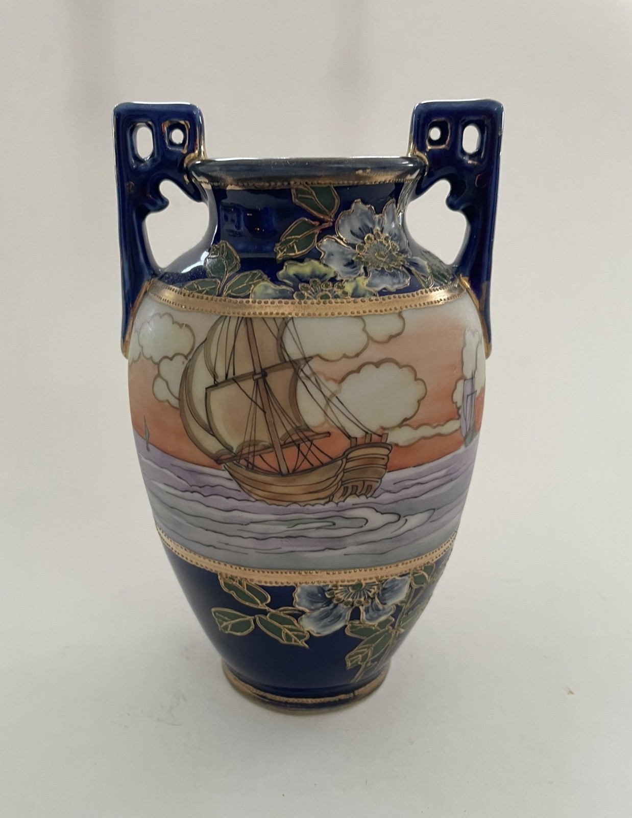 Antique Nippon Hand Painted Sailboat Scenic Vase Cobalt Blue Gold 6.5” Antique Nippon Hand Painted Sailboat Scenic Vase Cobalt Blue Gold 6.5”