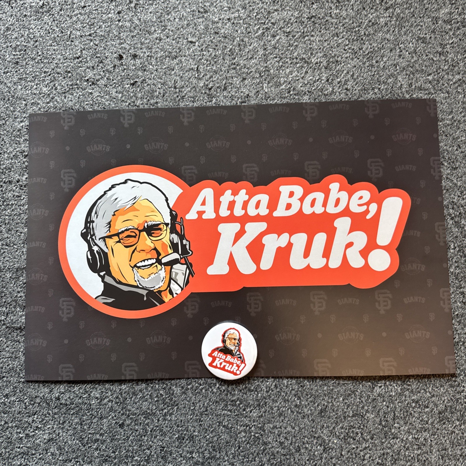 Mike Krukow Final Game 2026 SF Giants 11x17 Cheer Sign & Button Atta Babe Mike Krukow Final Game 2026 SF Giants 11x17 Cheer Sign & Button Atta Babe