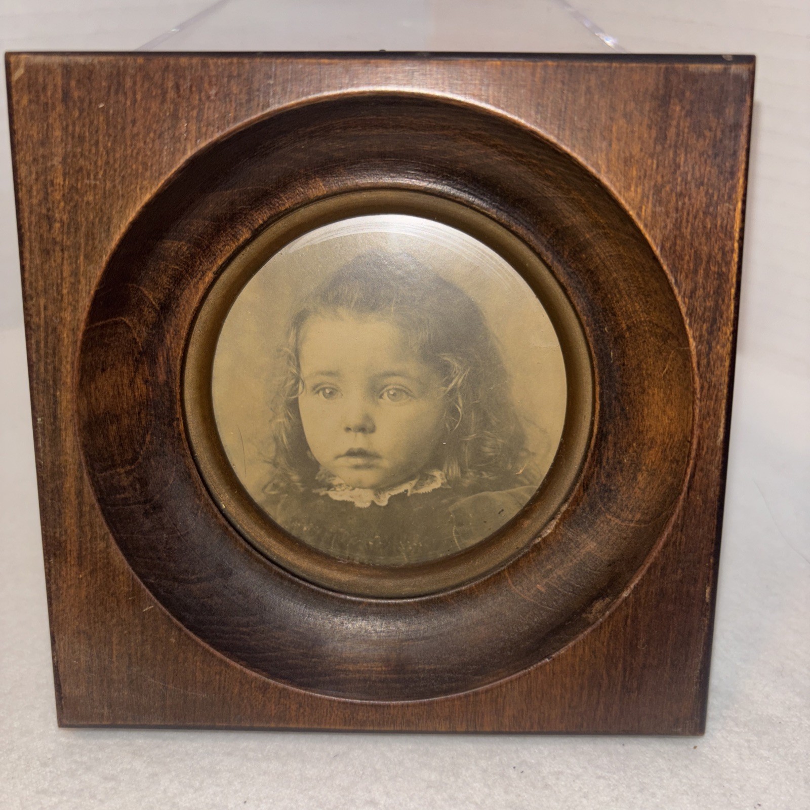 Antique Child Portrait Photograph Round Glass Dark Wood Frame Victorian Antique Child Portrait Photograph Round Glass Dark Wood Frame Victorian