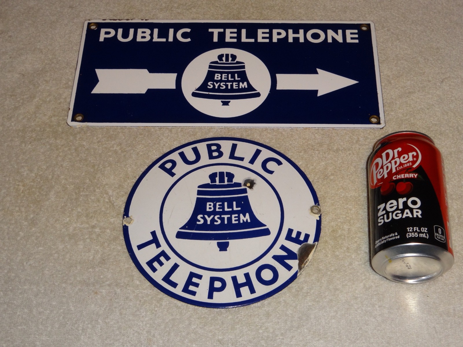 VINTAGE ANTIQUE ORIGINAL BELL SYSTEM PUBLIC TELEPHONE ARROW PORCELAIN SIGN LOT 2