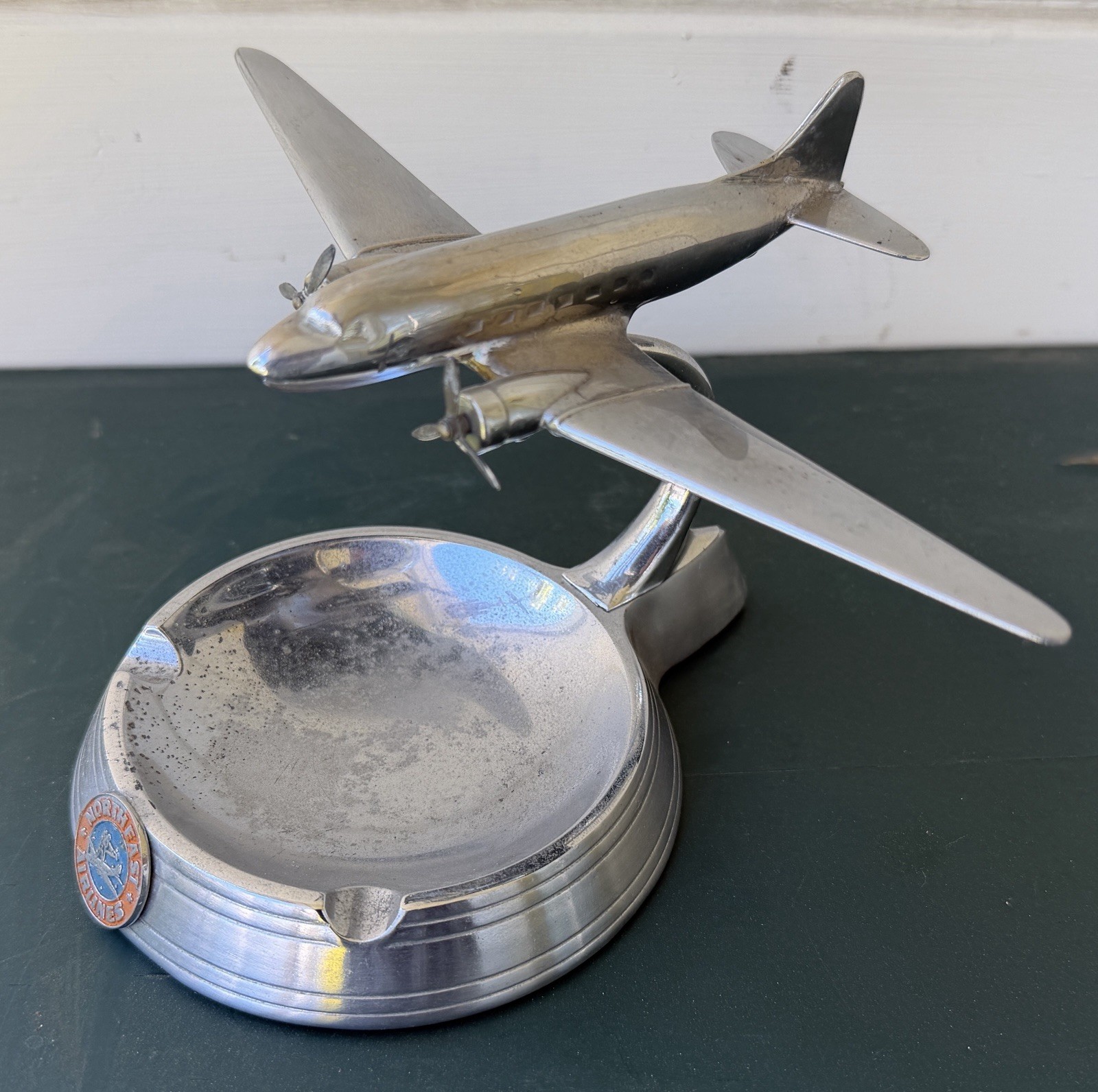 Vintage Pastushin Northeast Airlines DC-3 Chrome Desk Model Airplane Ashtray
