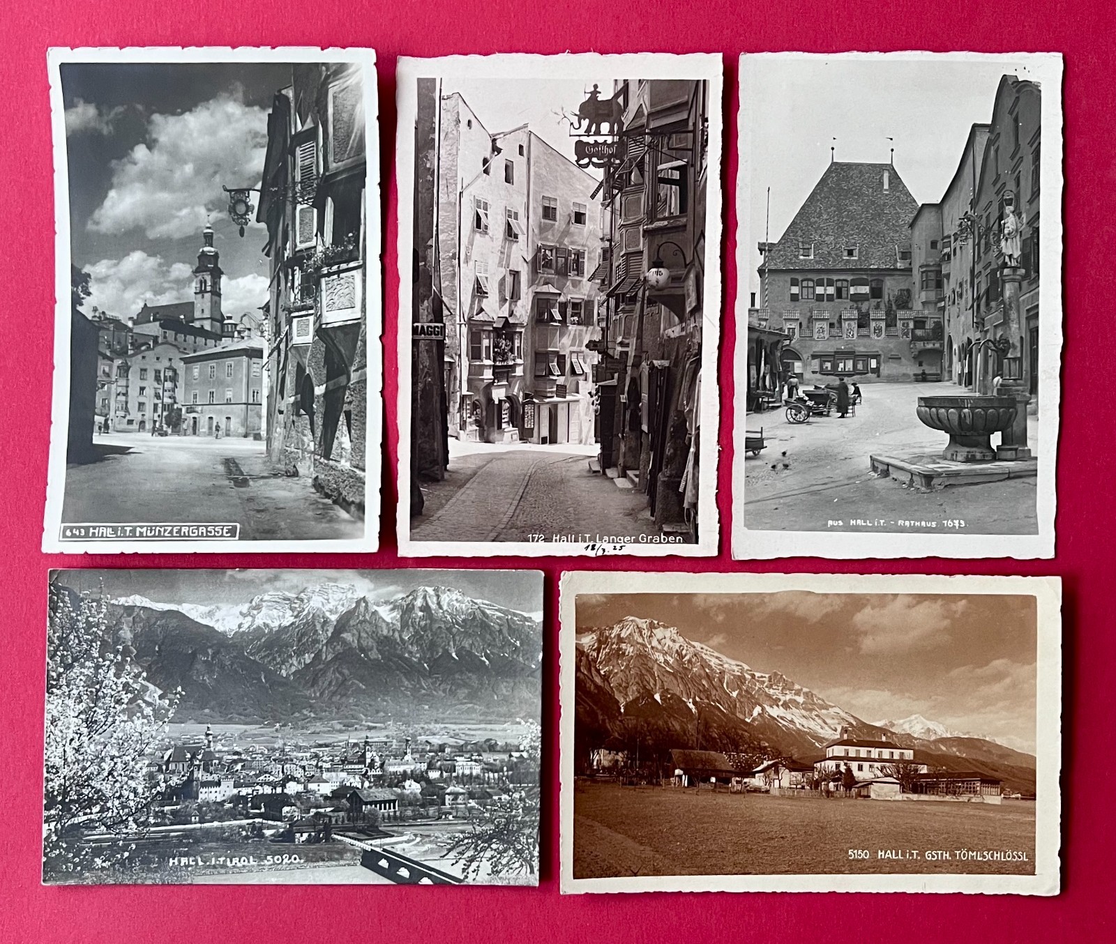 5 x Photo Postcard Hall in Tyrol 1924 Münzergasse, Langer Graben, City Hall (174952 5 x Photo Postcard Hall in Tyrol 1924 Münzergasse, Langer Graben, City Hall (174952