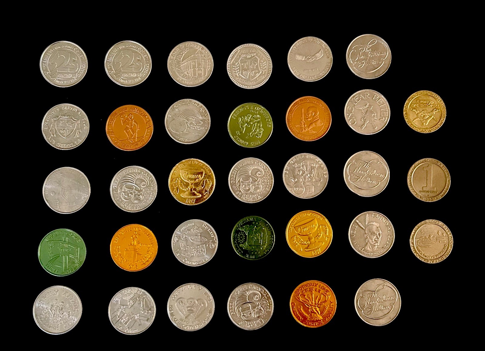 Vintage 1970s Lot of 30 Mardi Gras New Orleans Doubloons & 3 $1 Casino tokens Vintage 1970s Lot of 30 Mardi Gras New Orleans Doubloons & 3 $1 Casino tokens
