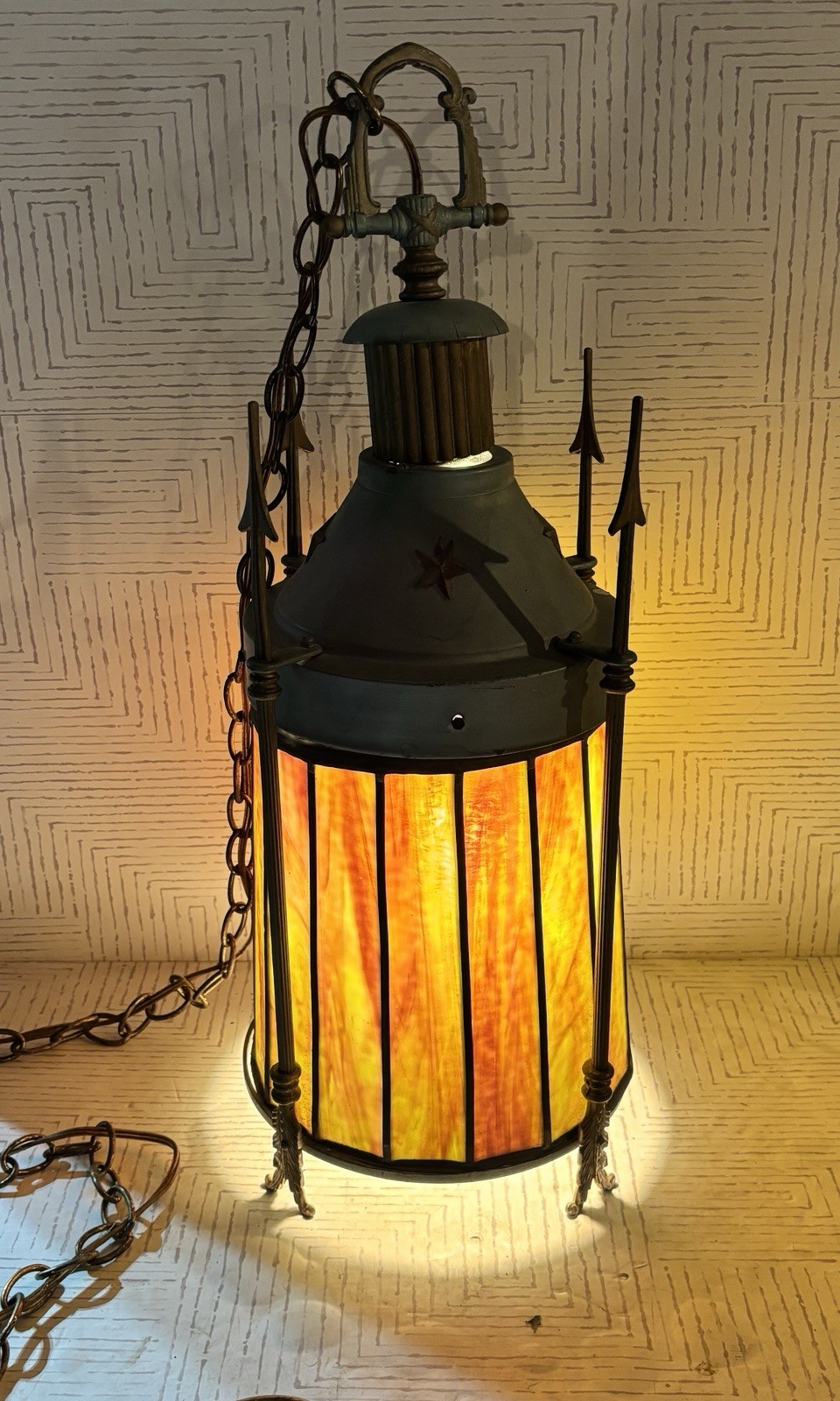Vintage XL Medieval Gothic Hanging Lamp Light Slag Glass Tudor Cathedral Vintage XL Medieval Gothic Hanging Lamp Light Slag Glass Tudor Cathedral