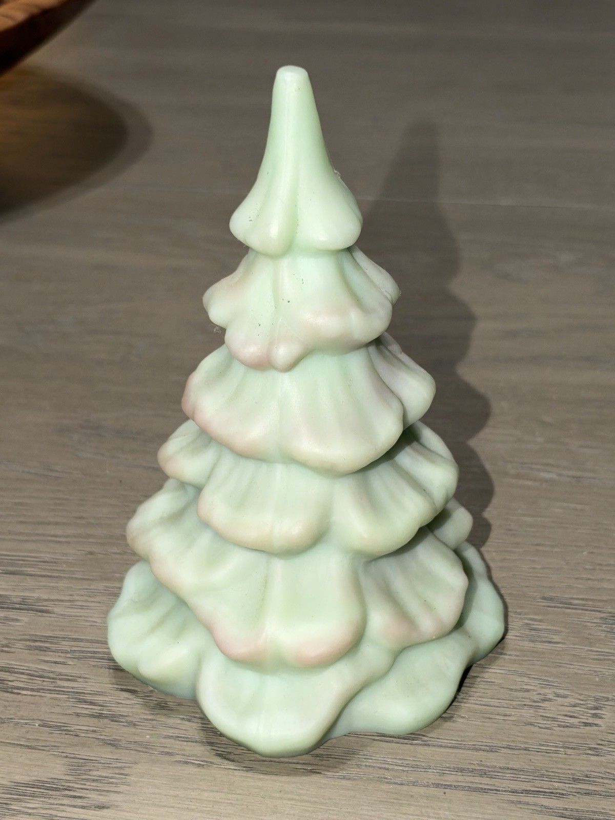 Unmarked Pale Green W Pink Burmese Glass Christmas Tree — 6.25” Possibly Fenton Unmarked Pale Green W Pink Burmese Glass Christmas Tree — 6.25” Possibly Fenton