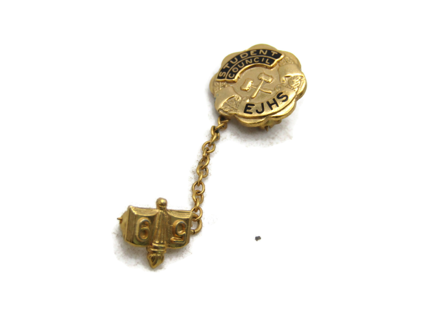 Vintage 1969 EJHS Student Council Lapel Pin Gold Tone w/ Chain Guard Gavel Torch