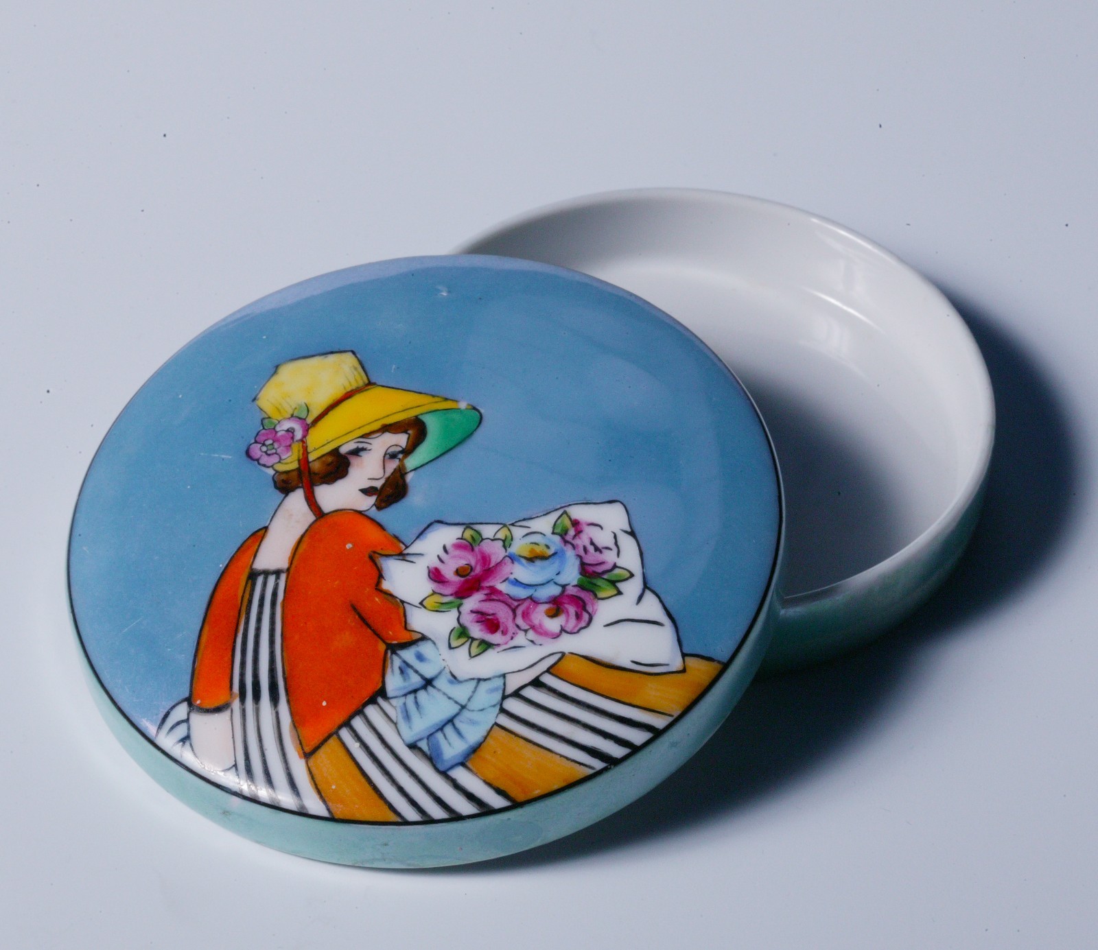 Noritake Deco - Vintage Powder Puff Box - Lady in Tan & Orange Dress w/Flowers