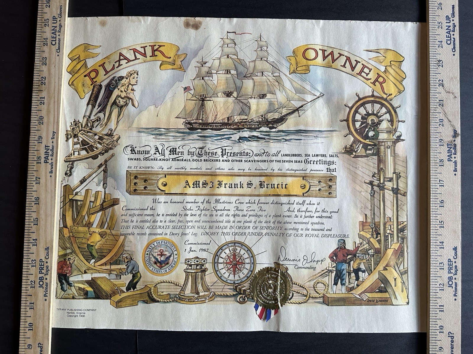 1987 US Navy Plank Owner Certificate US Naval Strike Fighter Squadron 305 Vtg