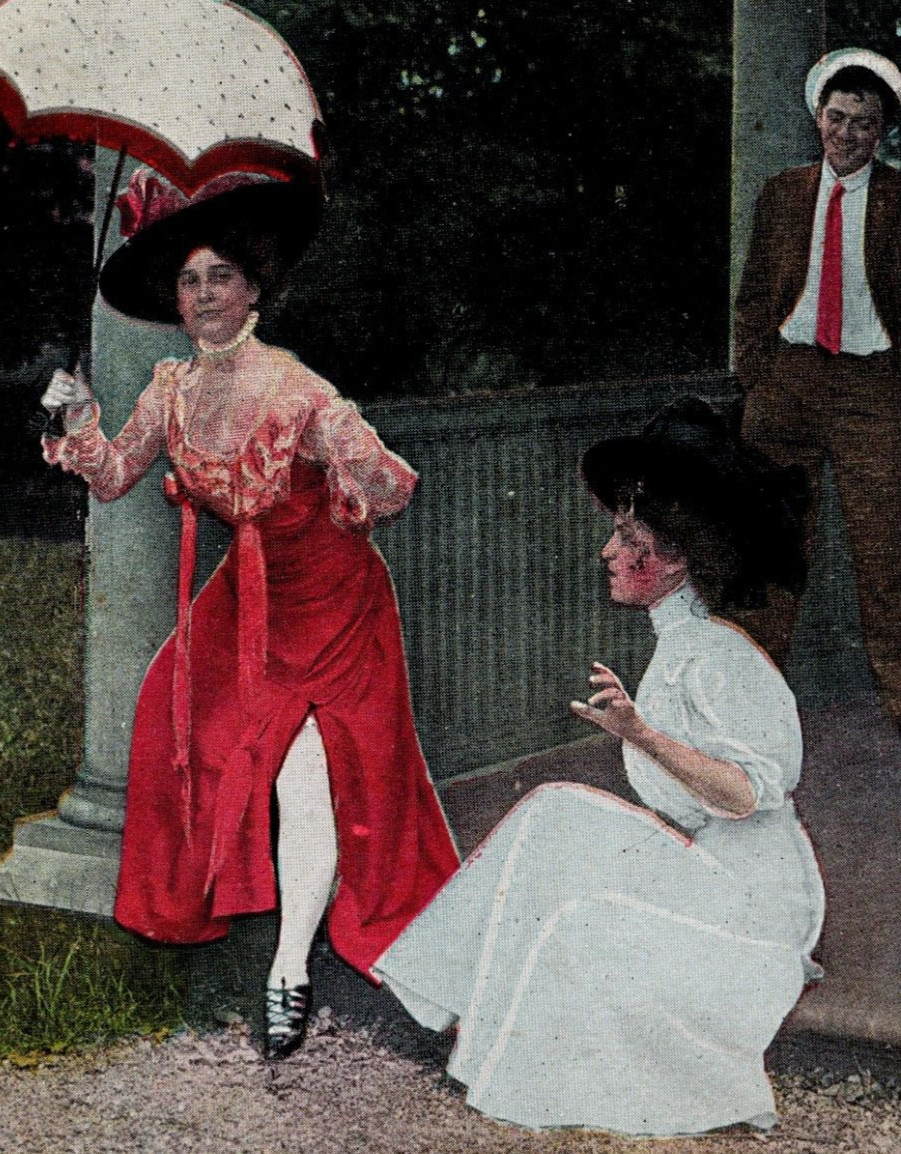 Shocked by a live wire 1908 Postcard red dress women umbrella stamped MDT girls