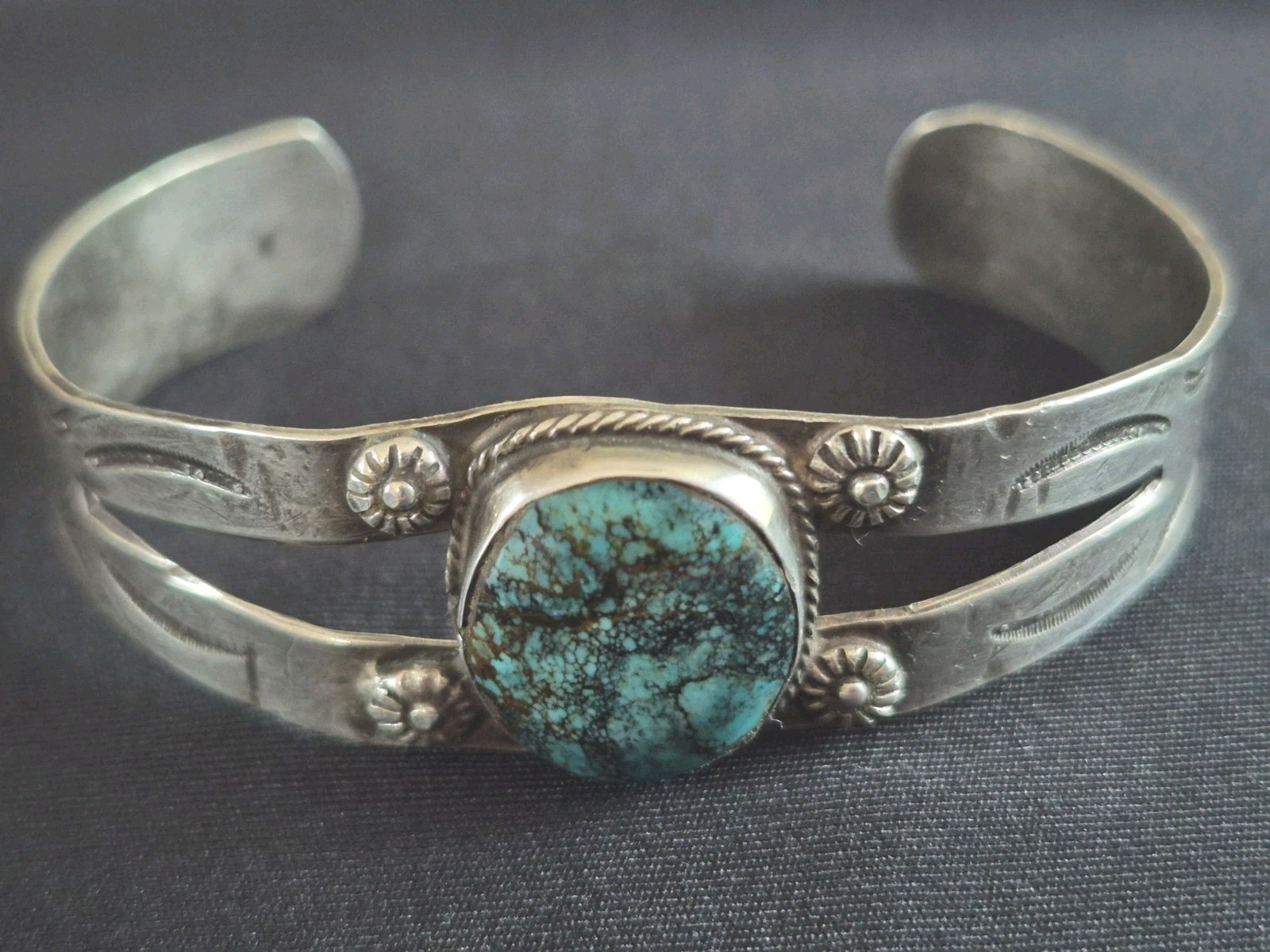 Antique Old Pawn Native American Natural Stormy Mtn Turquoise Cuff Ingot Silver Antique Old Pawn Native American Natural Stormy Mtn Turquoise Cuff Ingot Silver
