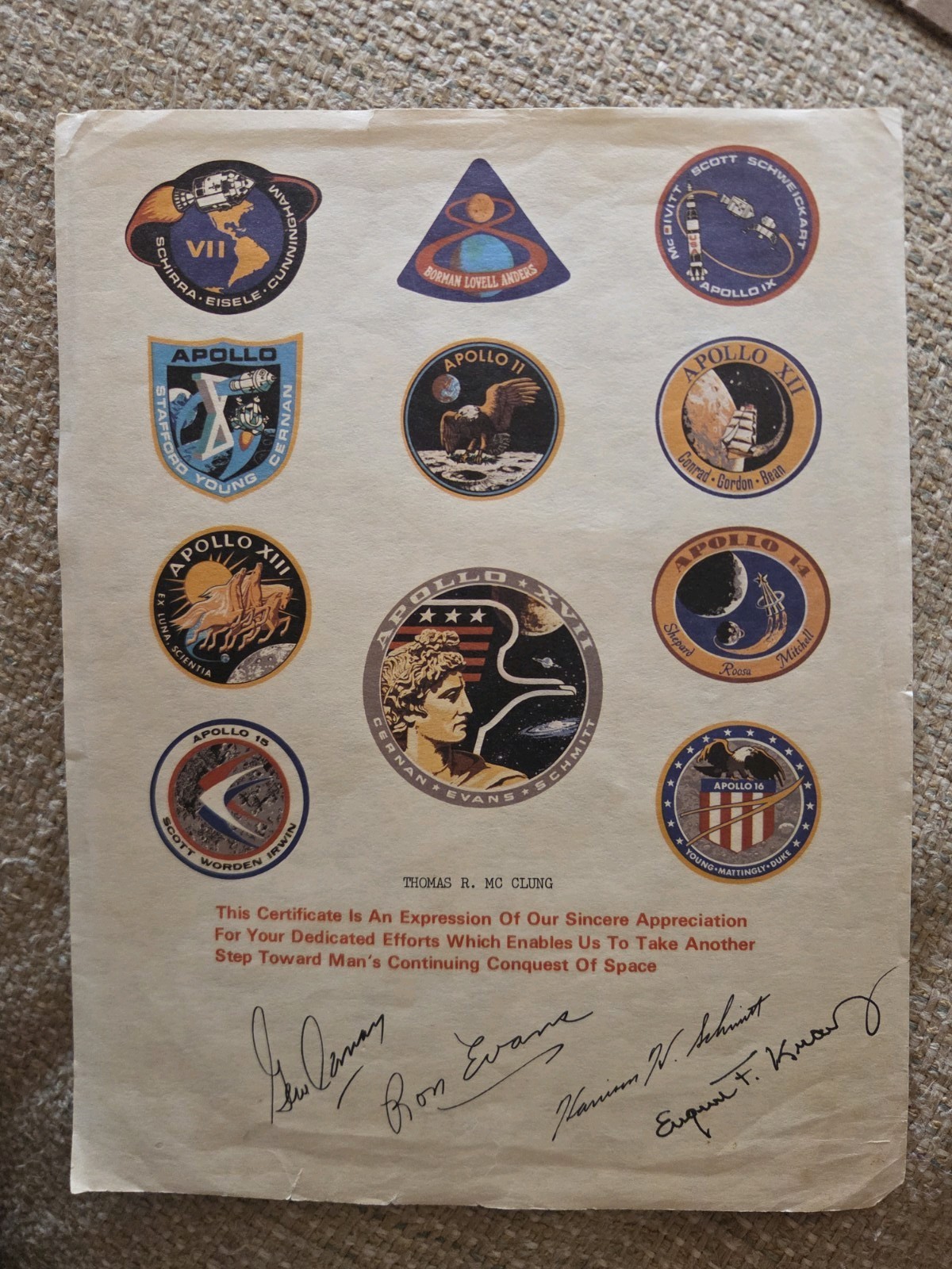 GENE KRANZ signed APOLLO ERA Employee Appreciation Certificate GENE KRANZ signed APOLLO ERA Employee Appreciation Certificate