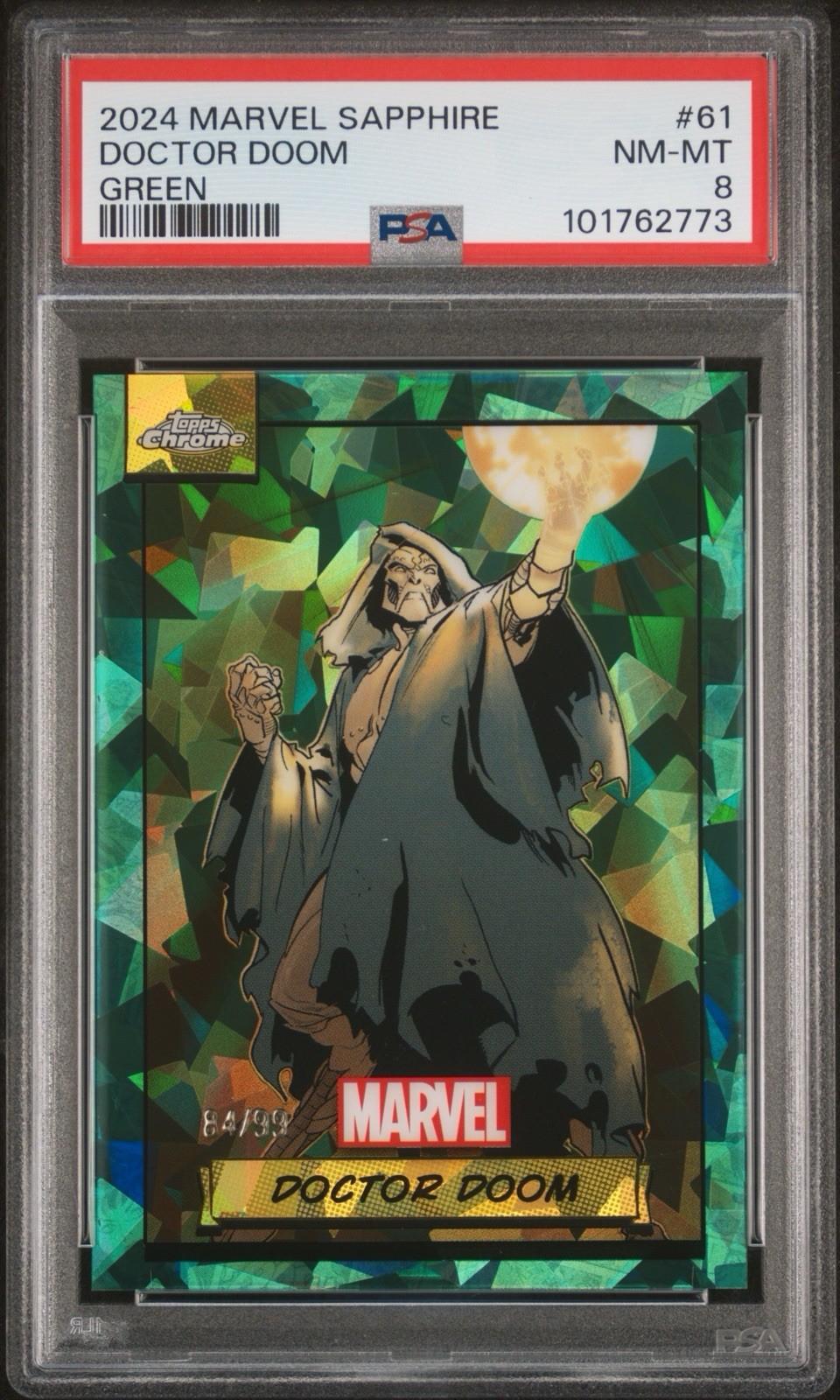 2024 Topps Chrome Marvel Sapphire Doctor Doom Green Sapphire /99 PSA 8