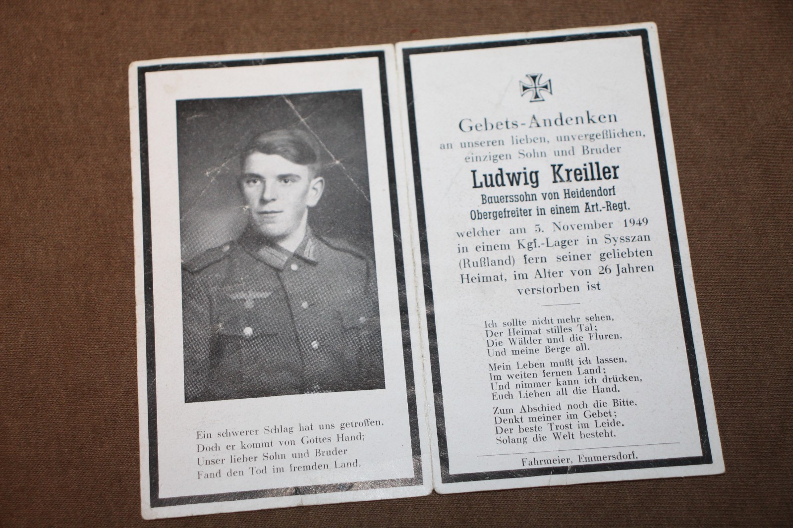 Original WW2 German Army Artillery Soldier's POW Death Notice in Russia, 1949 Original WW2 German Army Artillery Soldier's POW Death Notice in Russia, 1949