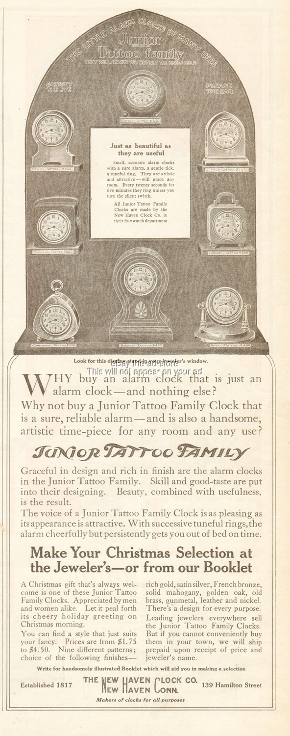 1912 New Haven Clock Co CT 8 Junior Tattoo Alarm Study Traveler Boudoir Desk Ad