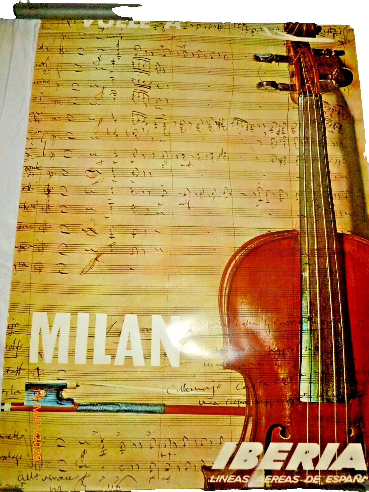Vintage Iberia Airlines Milan Travel Poster Violin Music A Moreno Spain 38x24 Vintage Iberia Airlines Milan Travel Poster Violin Music A Moreno Spain 38x24