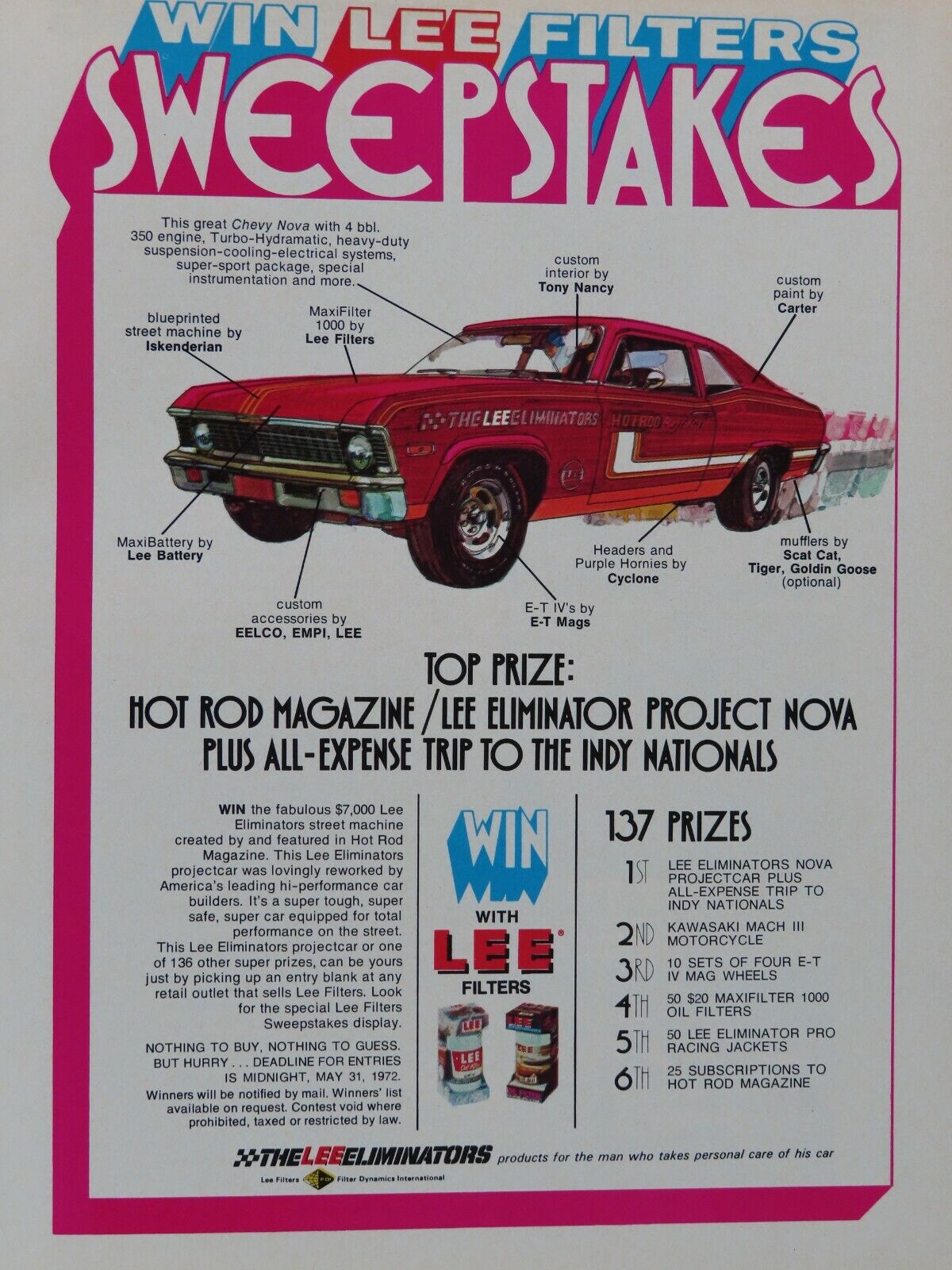 1972 Chevrolet Chevy Nova Vintage Lee Filter Original Print Ad 8.5 x 11\