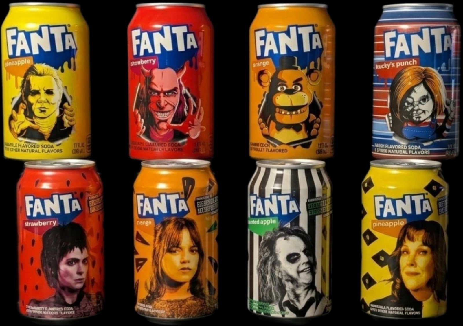 Ultimate Fanta Horror Movie Soda 8-Can Set Beetlejuice Blumhouse FNAF Chucky