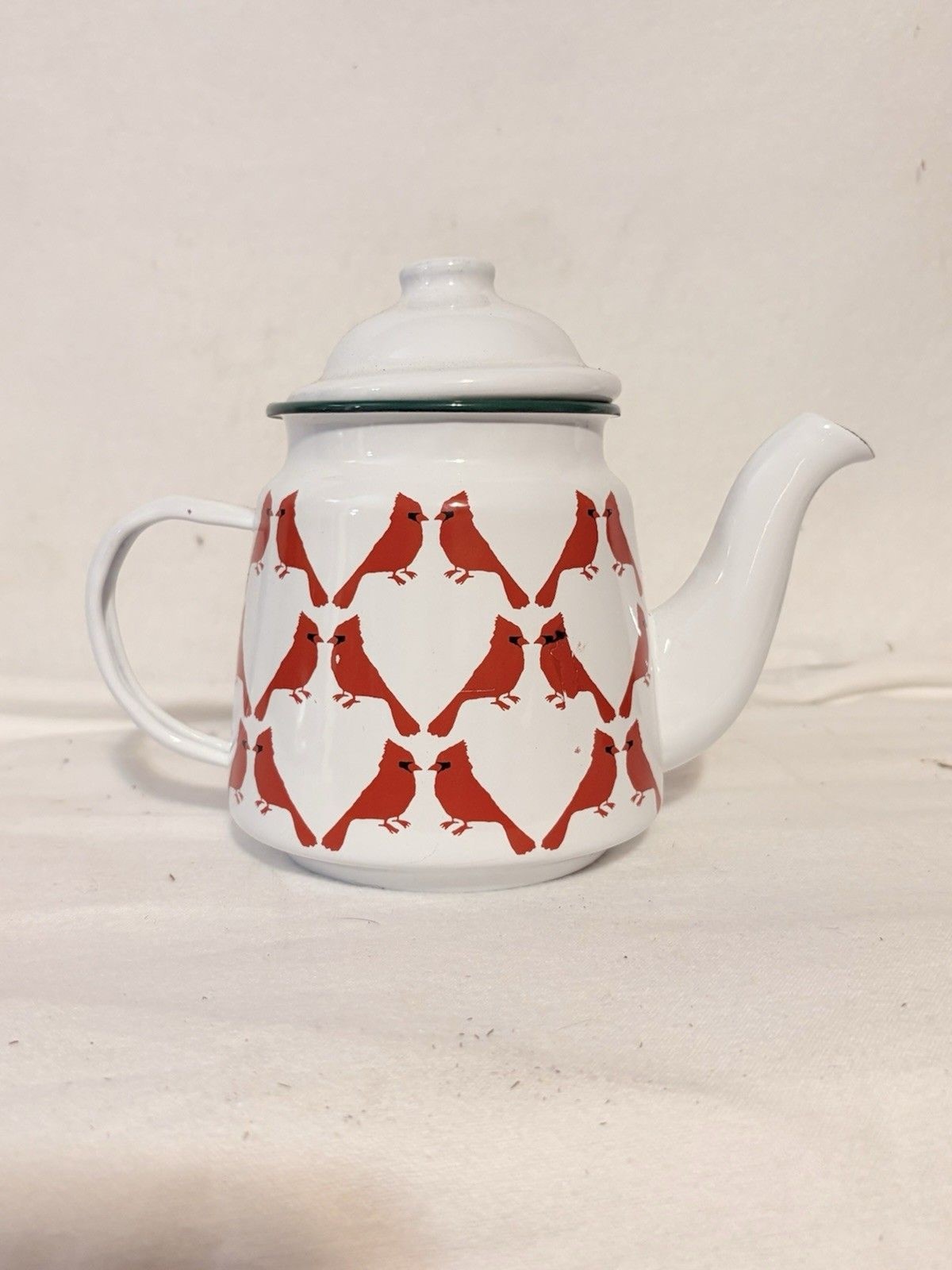 Vintage Stonewall Kitchen Red Cardinal White Enamel Teapot Kettle - Green Trim Vintage Stonewall Kitchen Red Cardinal White Enamel Teapot Kettle - Green Trim