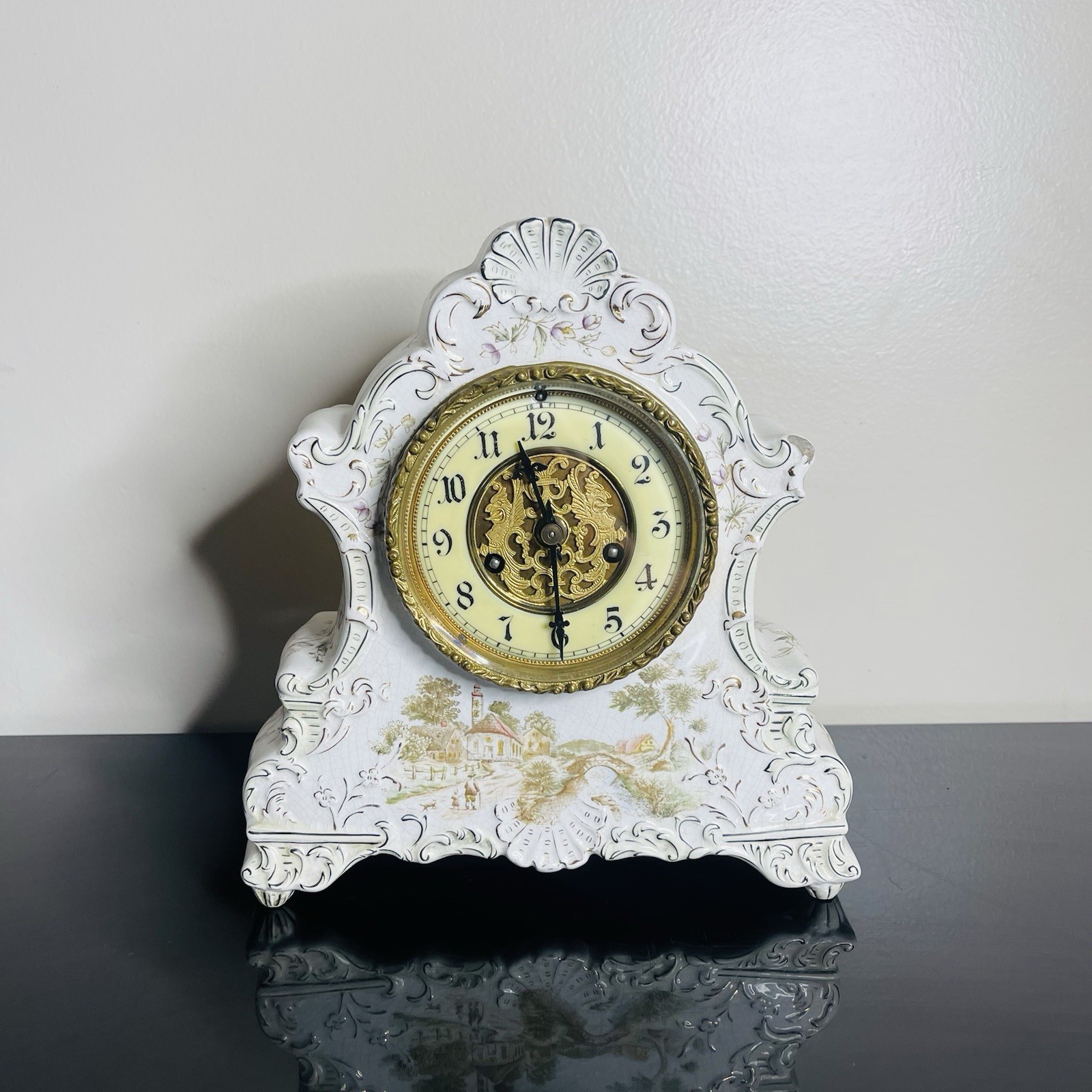 Vtg 1890s Waterbury Parlor Mantel Clock Porcelain W/Pendulum Floral BEAUTY Vtg 1890s Waterbury Parlor Mantel Clock Porcelain W/Pendulum Floral BEAUTY