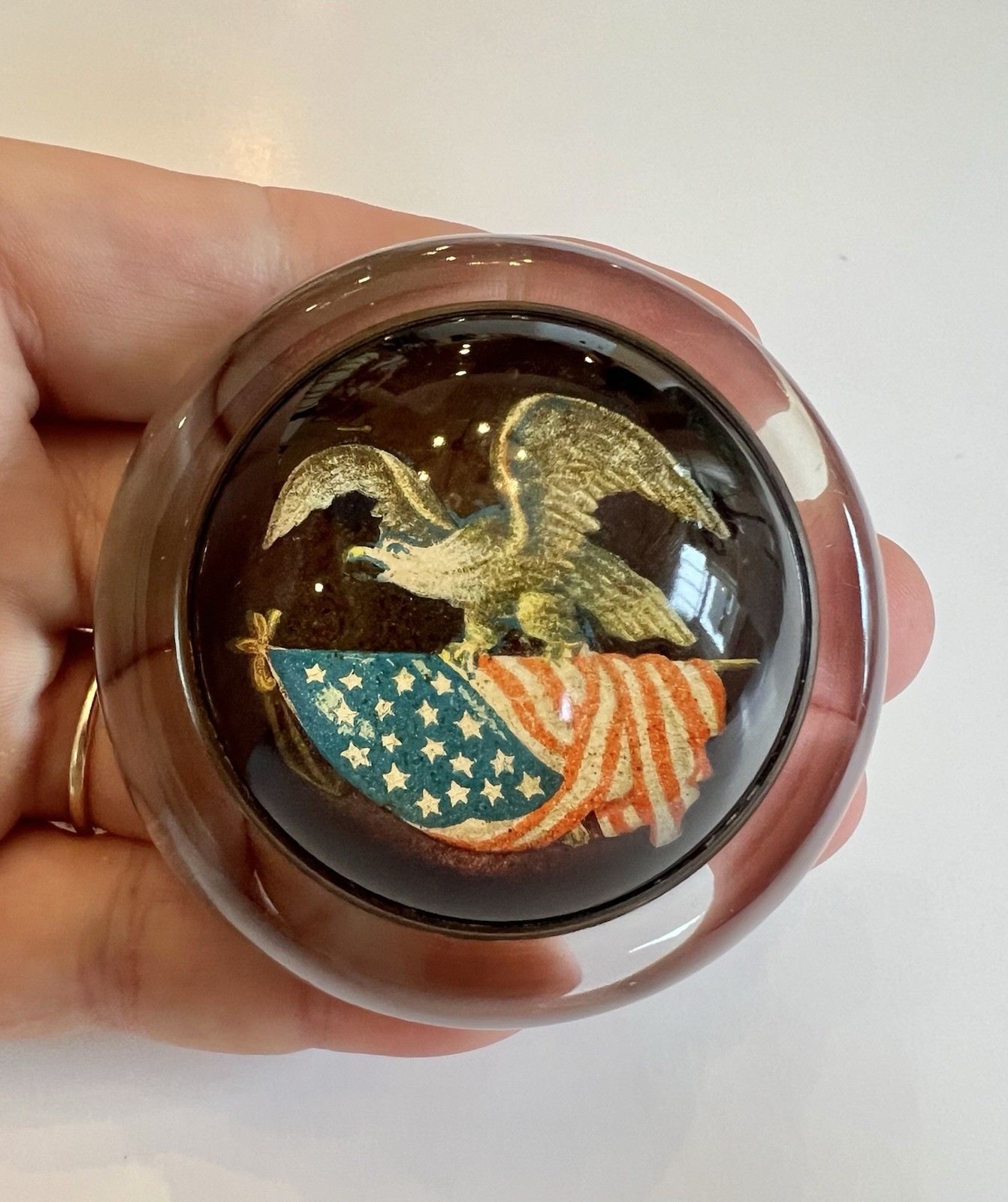 RARE 1920s Eagle Flag Glass Horse Bridle Rosette Paperweight Collab Hazel Atlas
