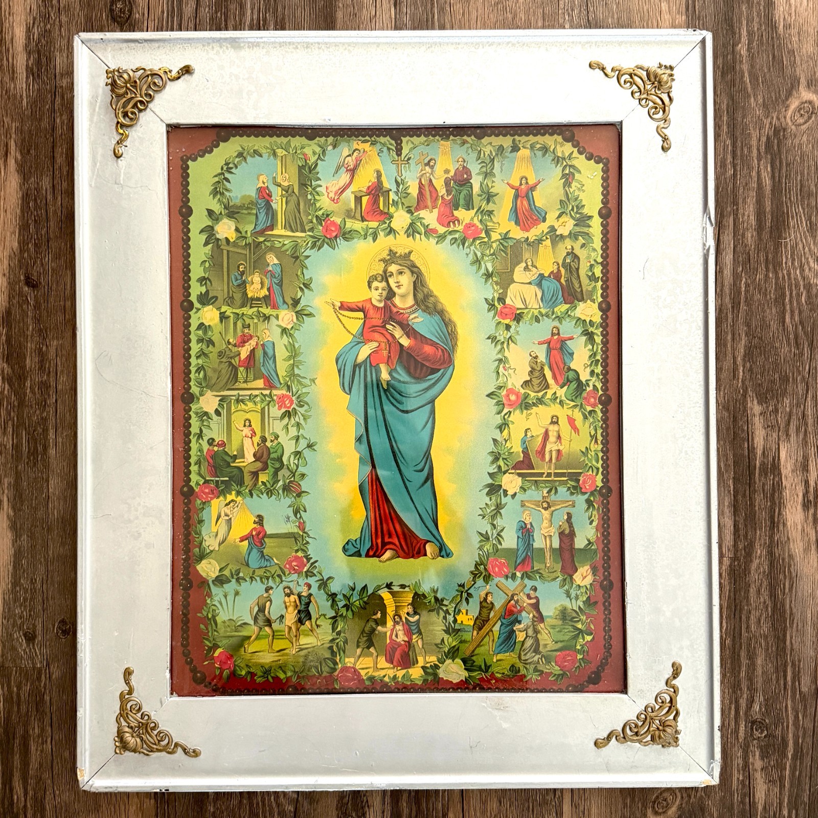 Vintage Our Lady of the Rosary Madonna 15 Mysteries Framed Religious Lithography