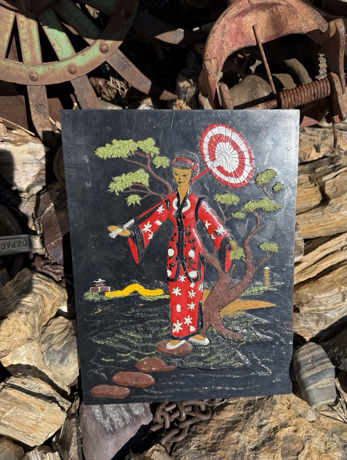 Vintage Mid century Relief Geisha Hand Painted Asian Lacquer Vintage Mid century Relief Geisha Hand Painted Asian Lacquer