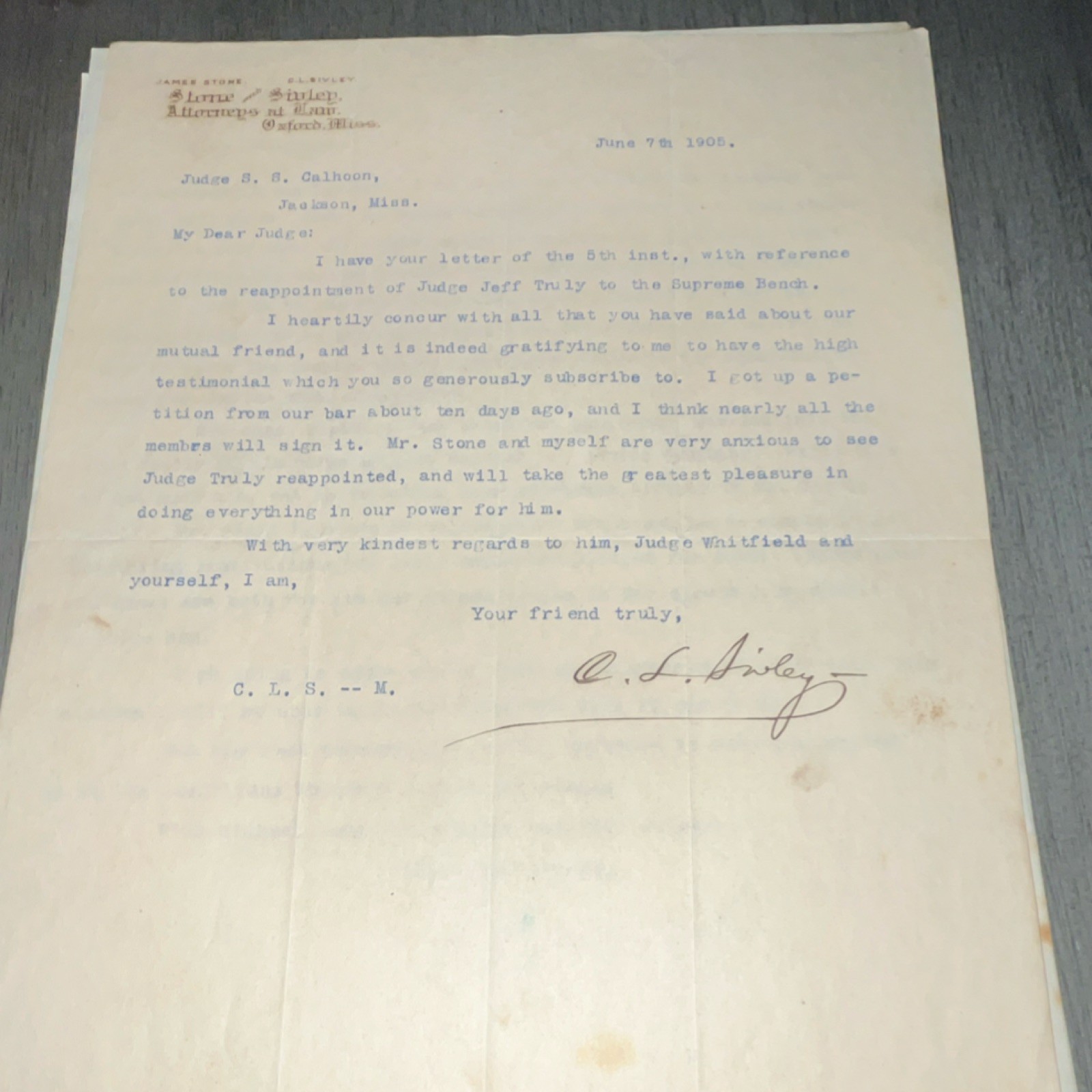 RARE 1905 MississippiSupreme CourtJudicial Letter - C.L. Sivley/CalhoonOxford MS