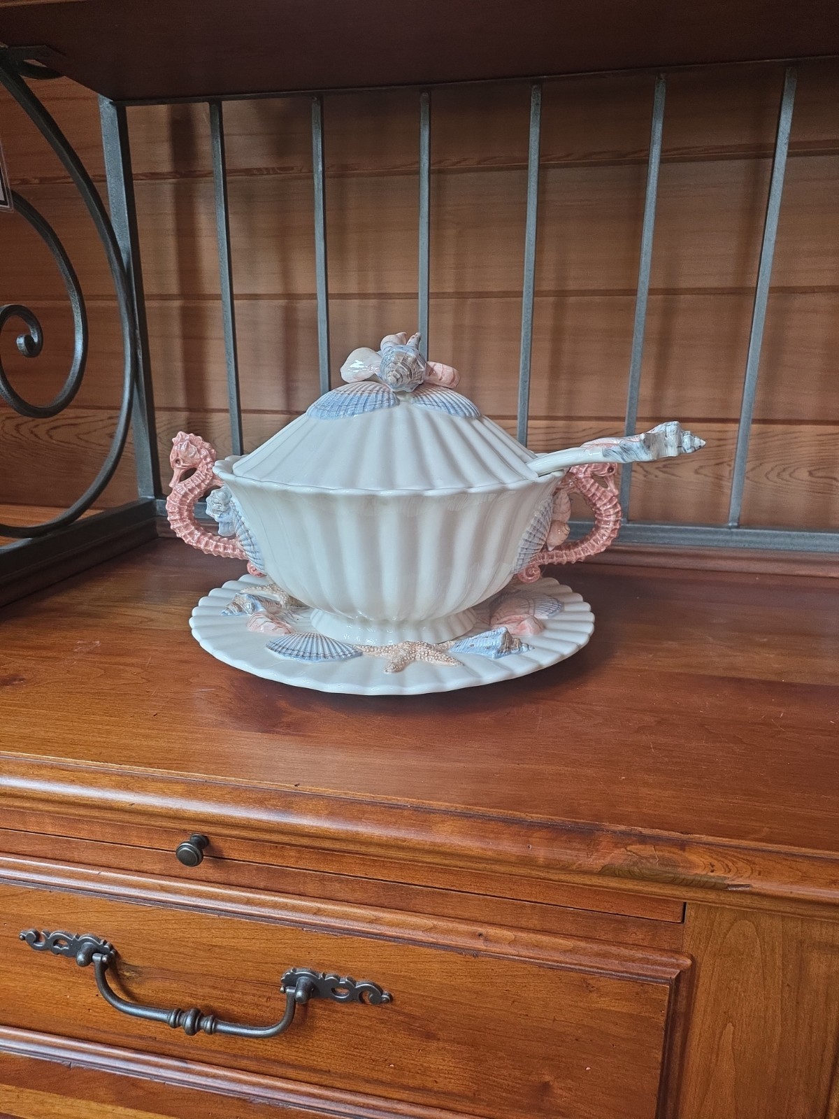 Vintage Fitz & Floyd Seahorse Seashell soup tureen set, Pristine, Complete