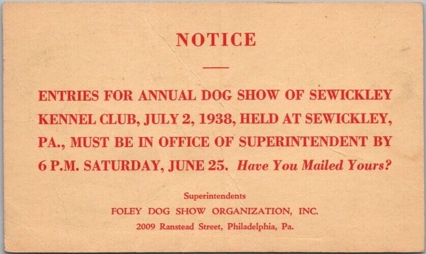 1938 PHILADELPHIA, Pennsylvania Postcard SEWICKLEY KENNEL CLUB Annual Dog Show
