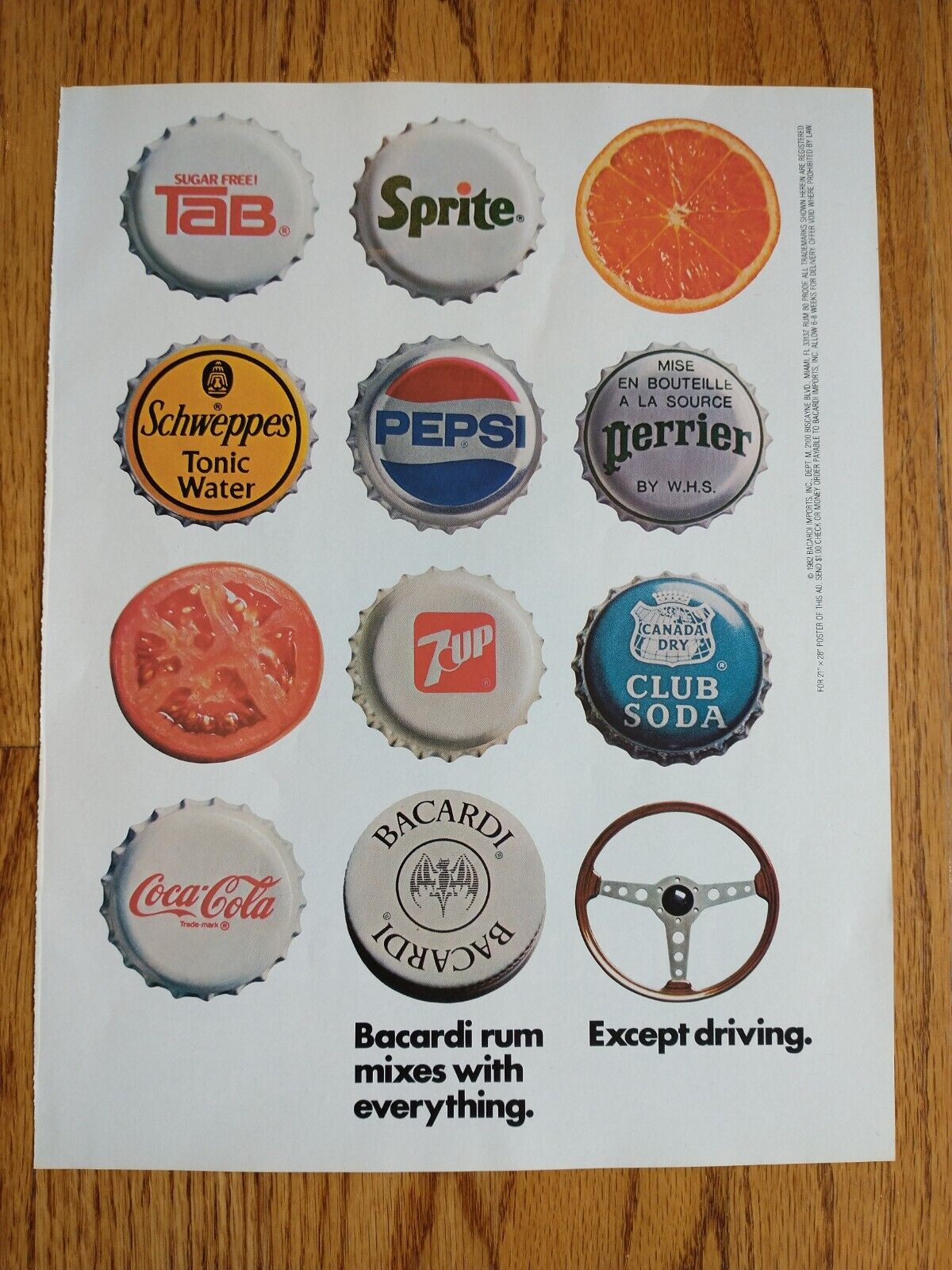 Bacardi Rum Mixes with everything 1986 Print Ad Coca Cola 7Up Pepsi Sprite