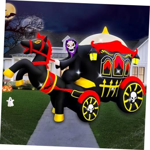 10 Ft Long Halloween Inflatable Horse Carriage Decoration LED Light Up Giant