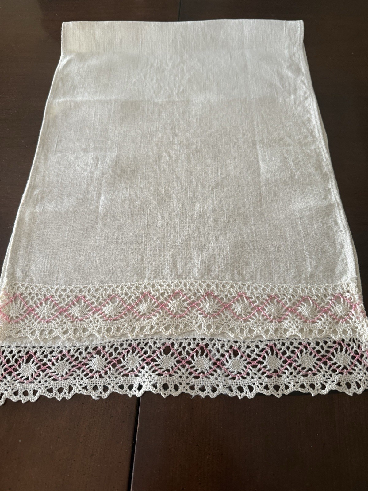 Vintage Linen w/Pink & White Cluny Style Lace Trims Table Runner 13” x 36”