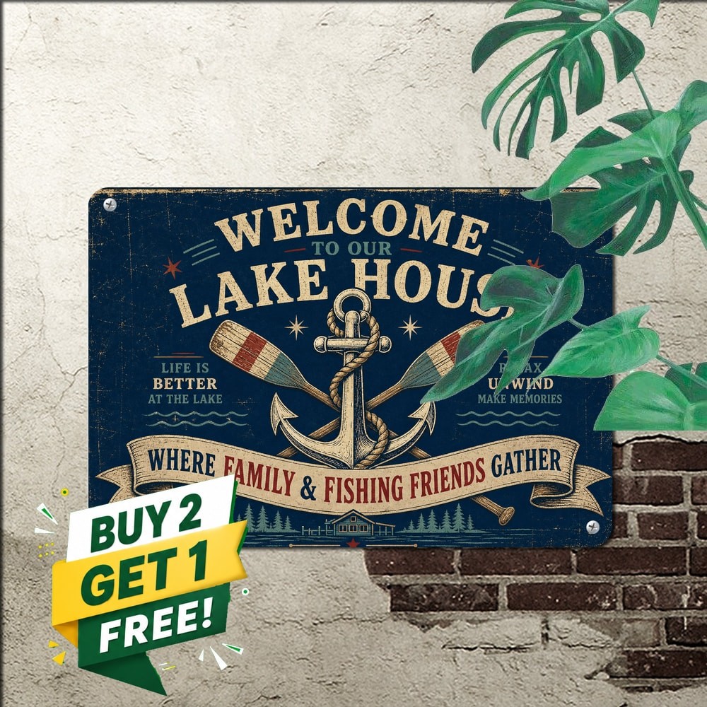 Lakeside Welcome Our Charming Lake House Metal Tin Sign Fishing Cabin Art 8x12