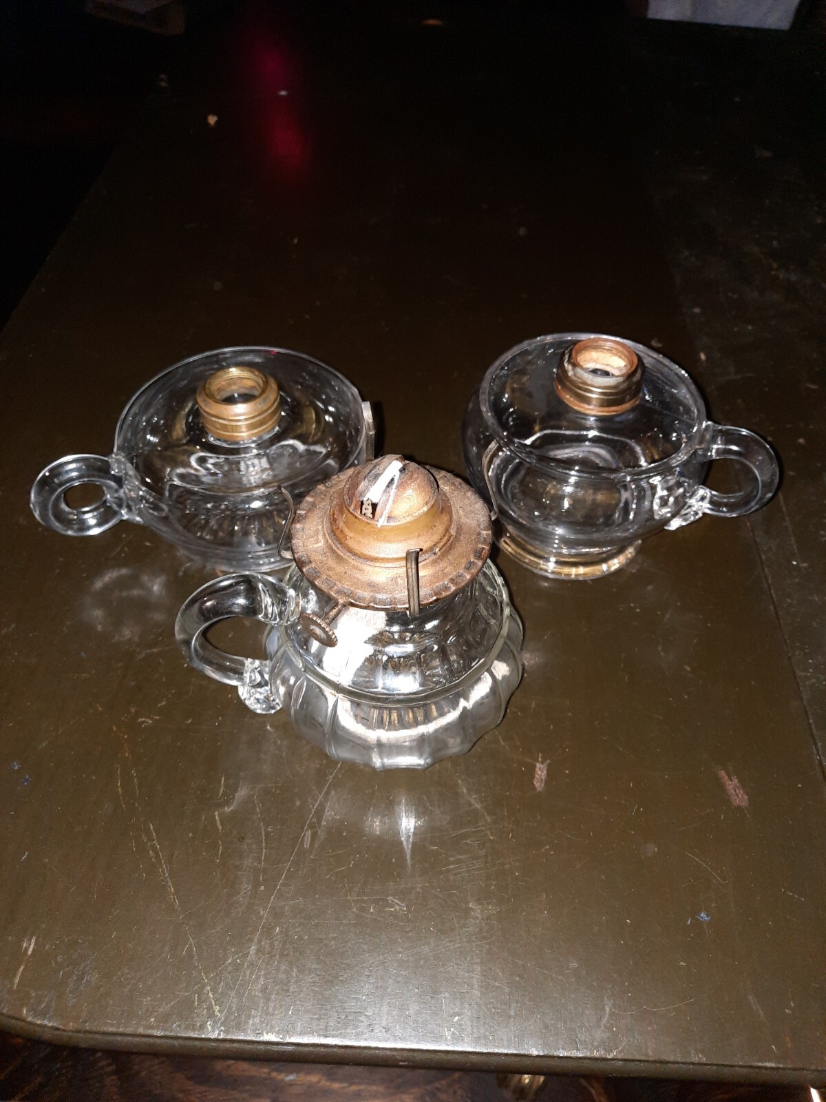 LOT OF 3 VINTAGE ANTIQUE GLASS BRASS FINGER OIL LAMPS Unusual pumpkin shape LOT OF 3 VINTAGE ANTIQUE GLASS BRASS FINGER OIL LAMPS Unusual pumpkin shape