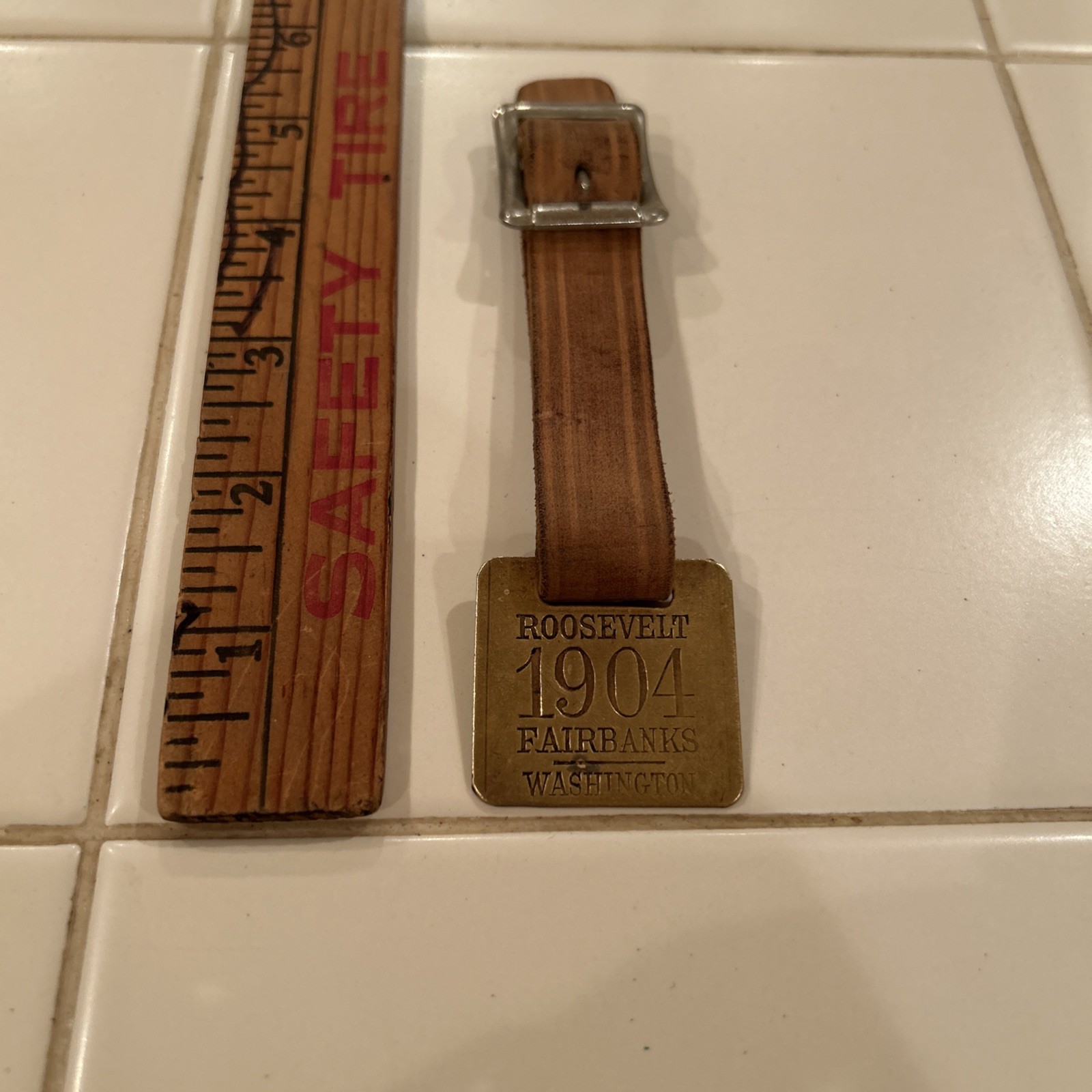 Antique 1904 Teddy Roosevelt Brass Watch Fob with Leather Strap Beautiful Antique 1904 Teddy Roosevelt Brass Watch Fob with Leather Strap Beautiful