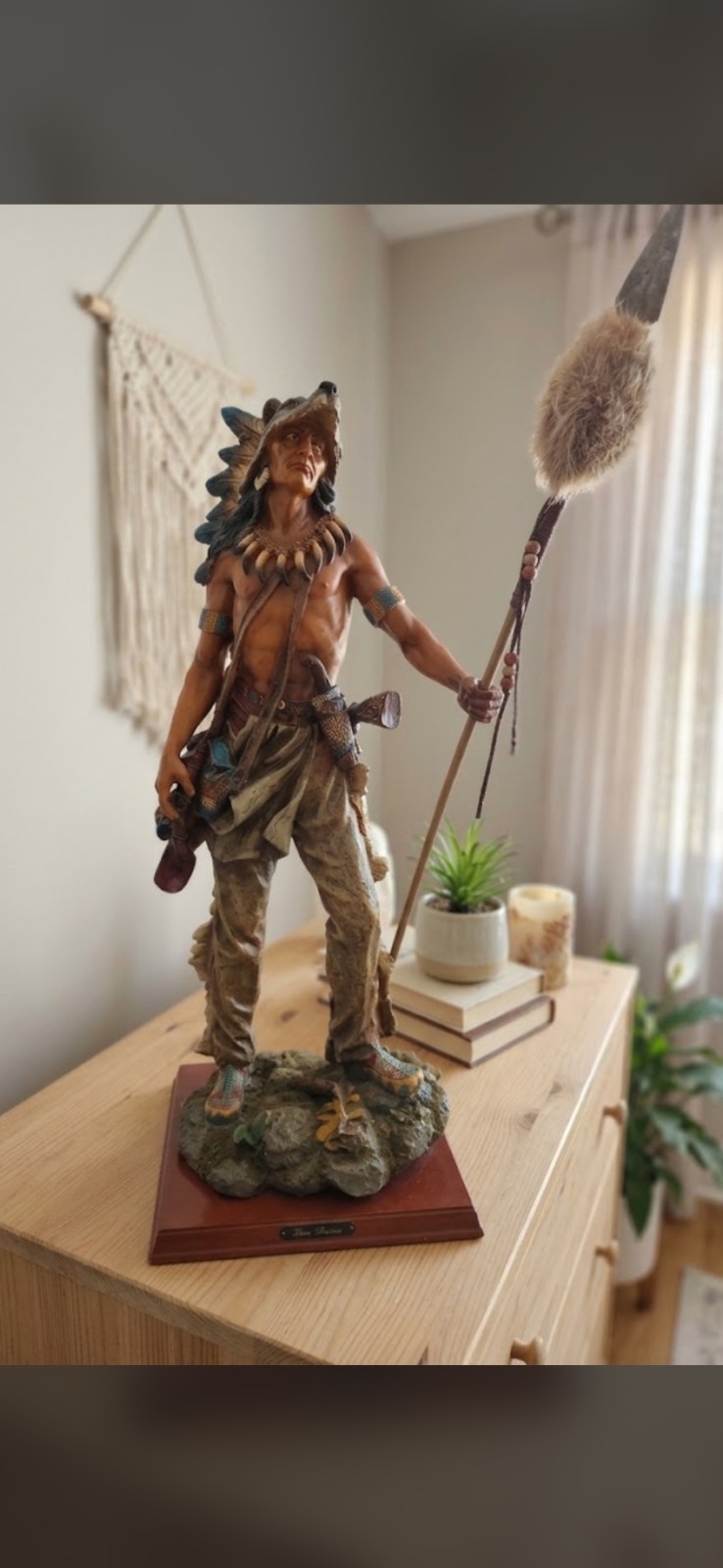 Vintage Native American Indian Warrior Figurine Wolf Headdress Spear Statue Wood Vintage Native American Indian Warrior Figurine Wolf Headdress Spear Statue Wood