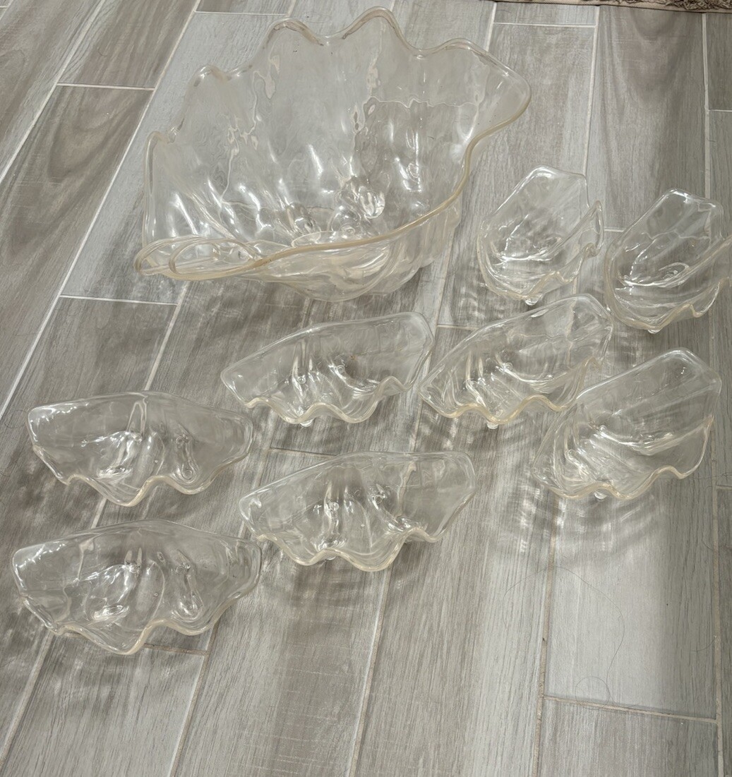 Vintage Acrylic Lucite Clam Shell Serving Set Bowl and 8 SM bowls With Tongs Vintage Acrylic Lucite Clam Shell Serving Set Bowl and 8 SM bowls With Tongs