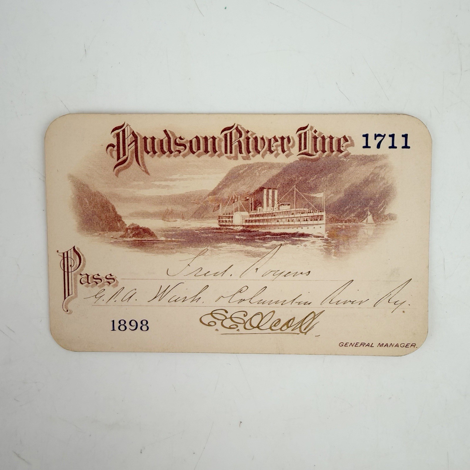 Antique 1898 Hudson River Line Steamboat Annual Pass EE Olcott Sign Scrapbook NY