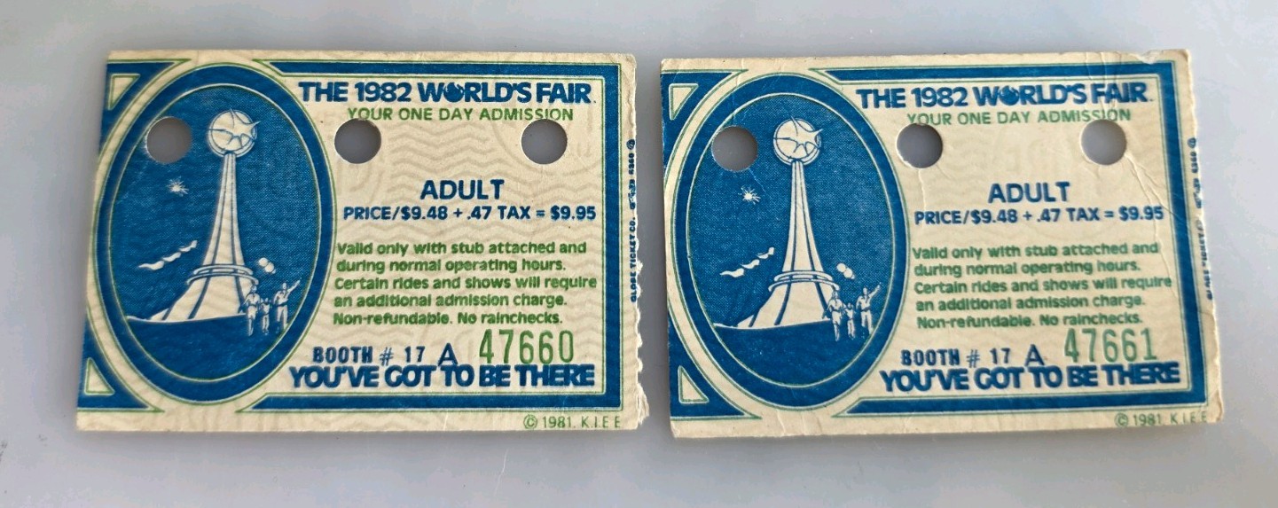 Two Vintage 1982 World’s Fair Ticket Stubs Knoxville Tennessee One Day Adult Two Vintage 1982 World’s Fair Ticket Stubs Knoxville Tennessee One Day Adult