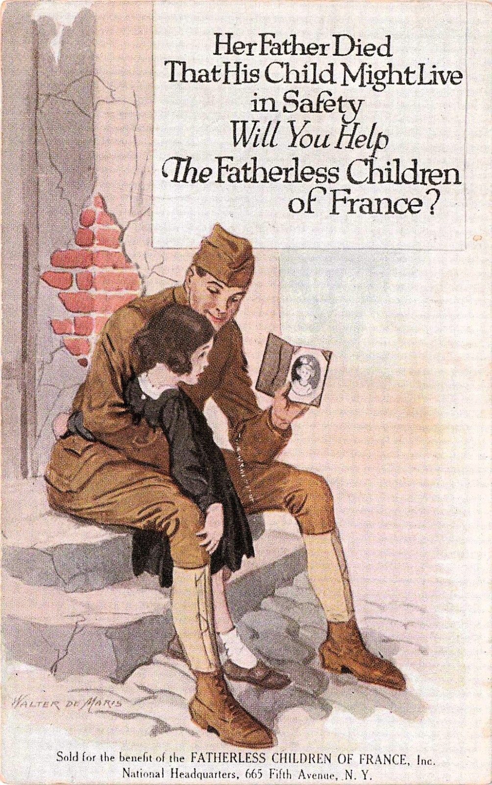 WWI Soldier Military Orphan Girl France Walter De Maris Weird Vtg Postcard E51